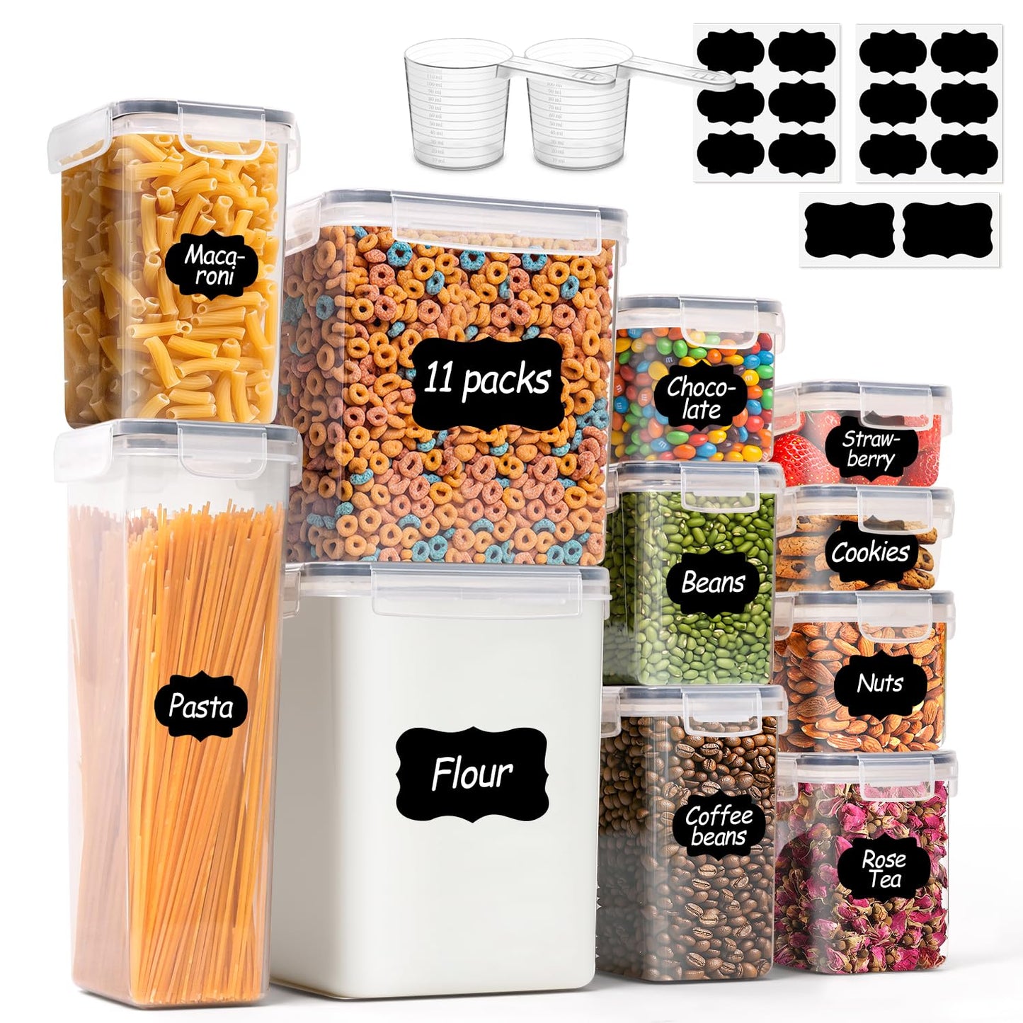 ComSaf 11 Pcs Large Pantry Storage Containers (Up to 5.2L/4.3L), Airtight Food Grade Plastic Kitchen Organizers with Lids & Labels for Flour, Cereal, Pasta, Sugar, Stackable