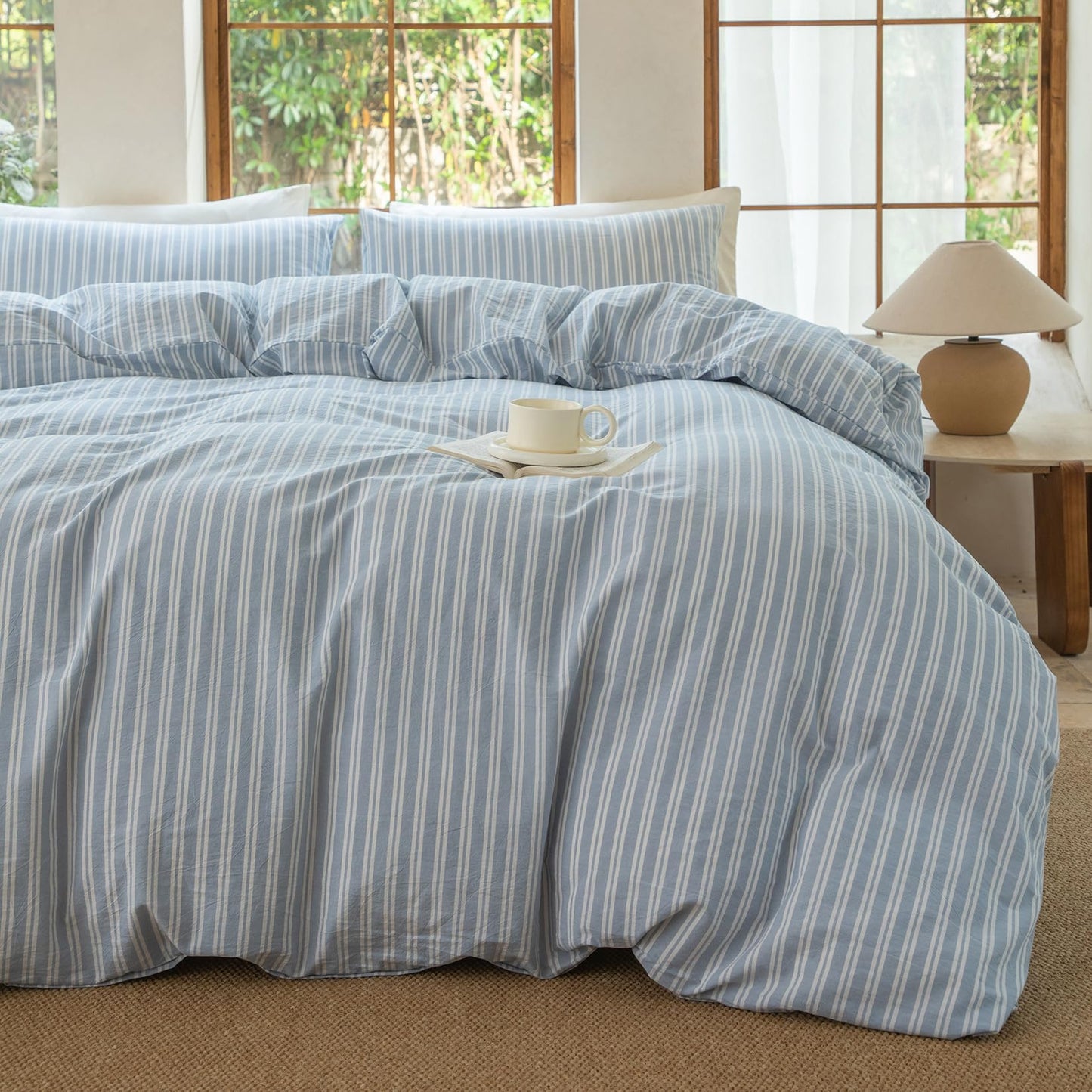 BESTDESIL Luxury 100% Washed Cotton Linen Like Duvet Cover Set,3 Pcs Striped Duvet Cover with Zipper Closure(Strip-Cornflower Blue/White,Full Size)