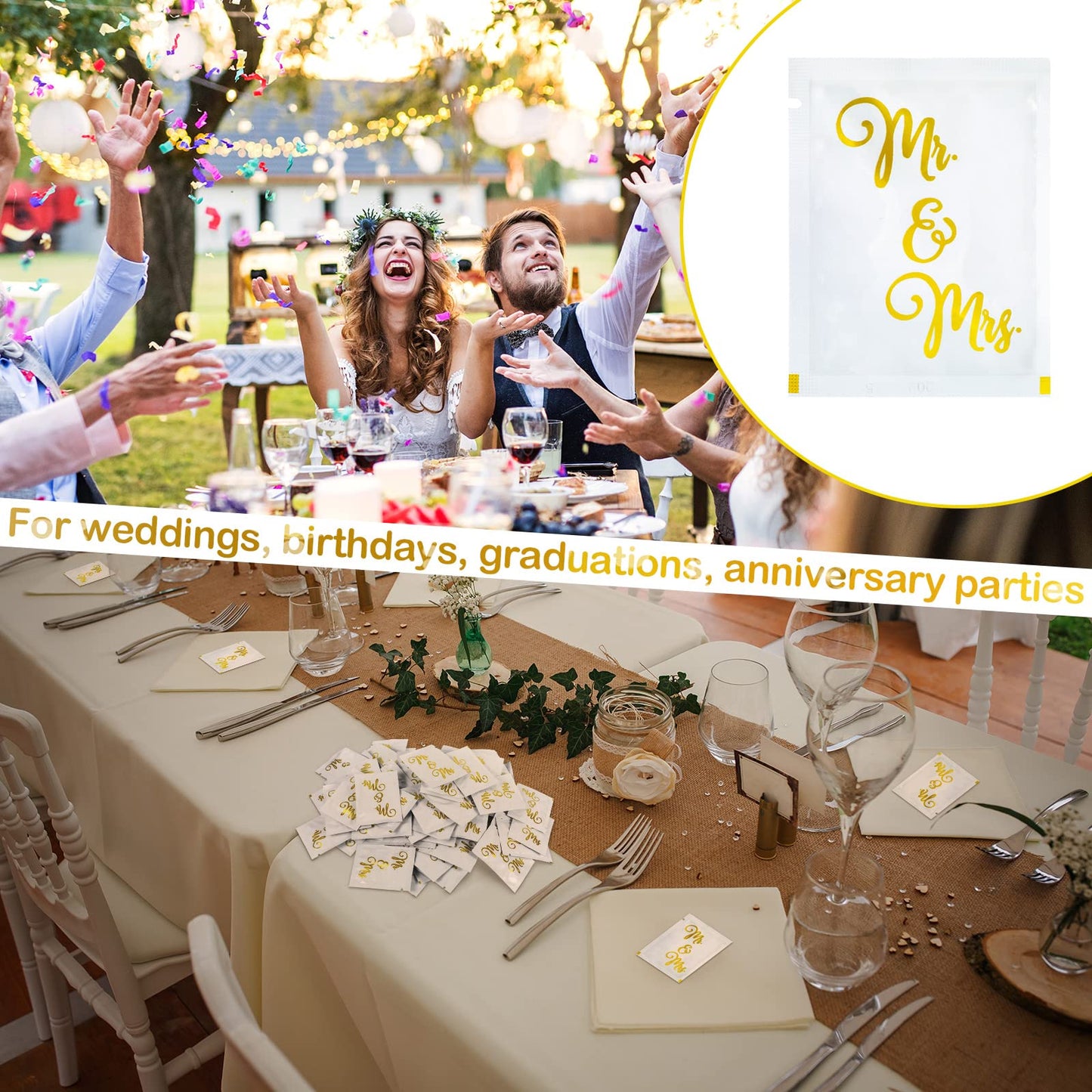 200 Pack Wedding Wipes for Reception Mr and Mrs Guest Wrapped Wipes Wedding Flushable Hand Wet Gold Foil Decorations for Travel Anniversary Bridal Shower Party Supplies Favor