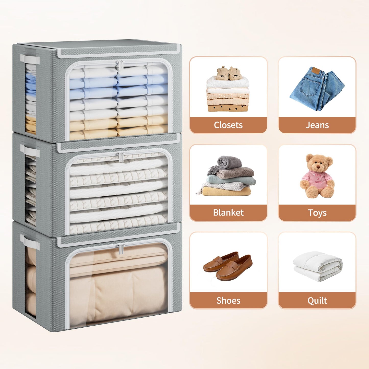 Yecaye 6 Pack Clothes Storage Bins with Metal Frame, 40L Foldable Storage Bin for Clothes, Stackable Metal Frame Storage Box with Lid, Linen Fabric Box Organizer with Clear Window & PU Handles,Grey