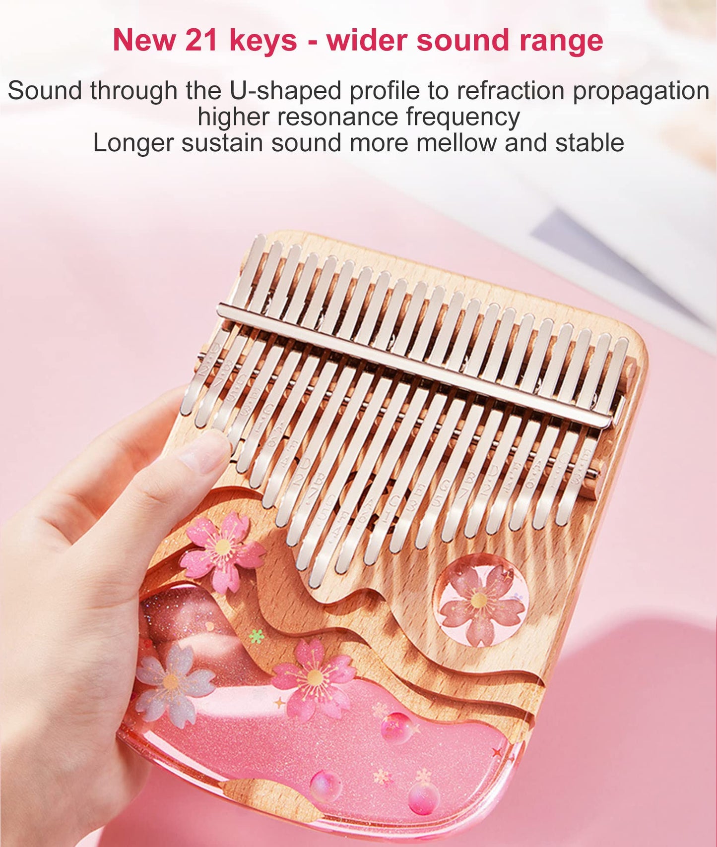Kalimba 21 Keys Thumb Piano in Crystal & Wood with Portable EVA Bag, Tune Hammer, Thumb Pianos Finger Harp, Mbira Finger Piano Kalimba Gifts for Adults Kids Beginners,21keys Sakura