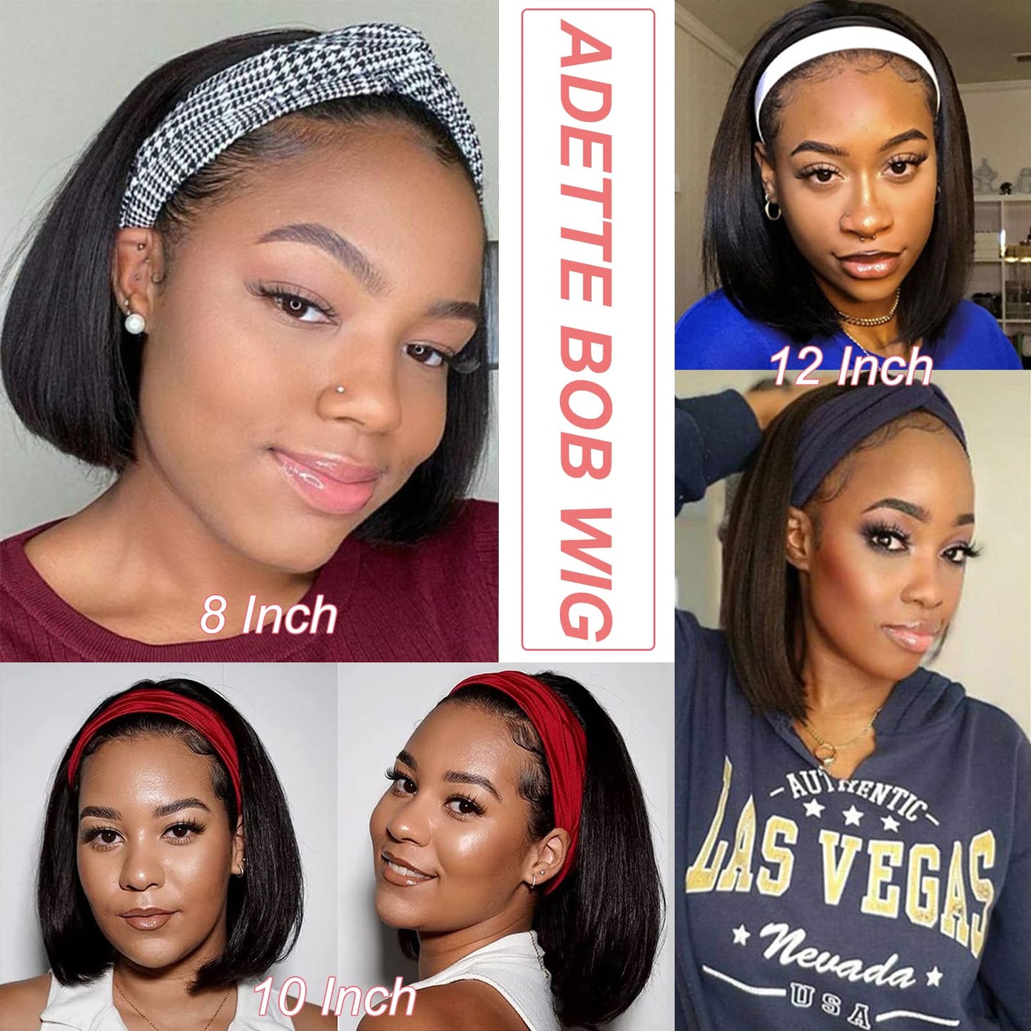 Adette Bob Human Hair Headband Wigs Straight Headband Wigs For Black Women Short Bob Human Hair Wigs Color 1B Natural Black None Front Lace 150% Density Brazilian Human Hair Headband Wig (10")