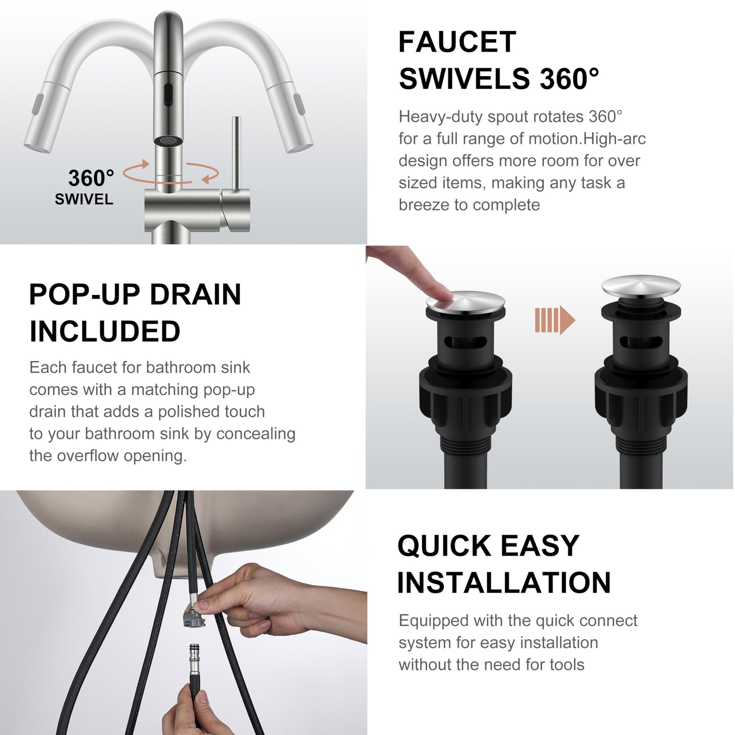 KENES Brushed Nickel Bathroom Faucet with Pull Down Sprayer, Single Handle Bathroom Sink Faucet with Pull Out Sprayer, Vanity Faucet with Pop Up Drain & Deck Plate, KE-9065B