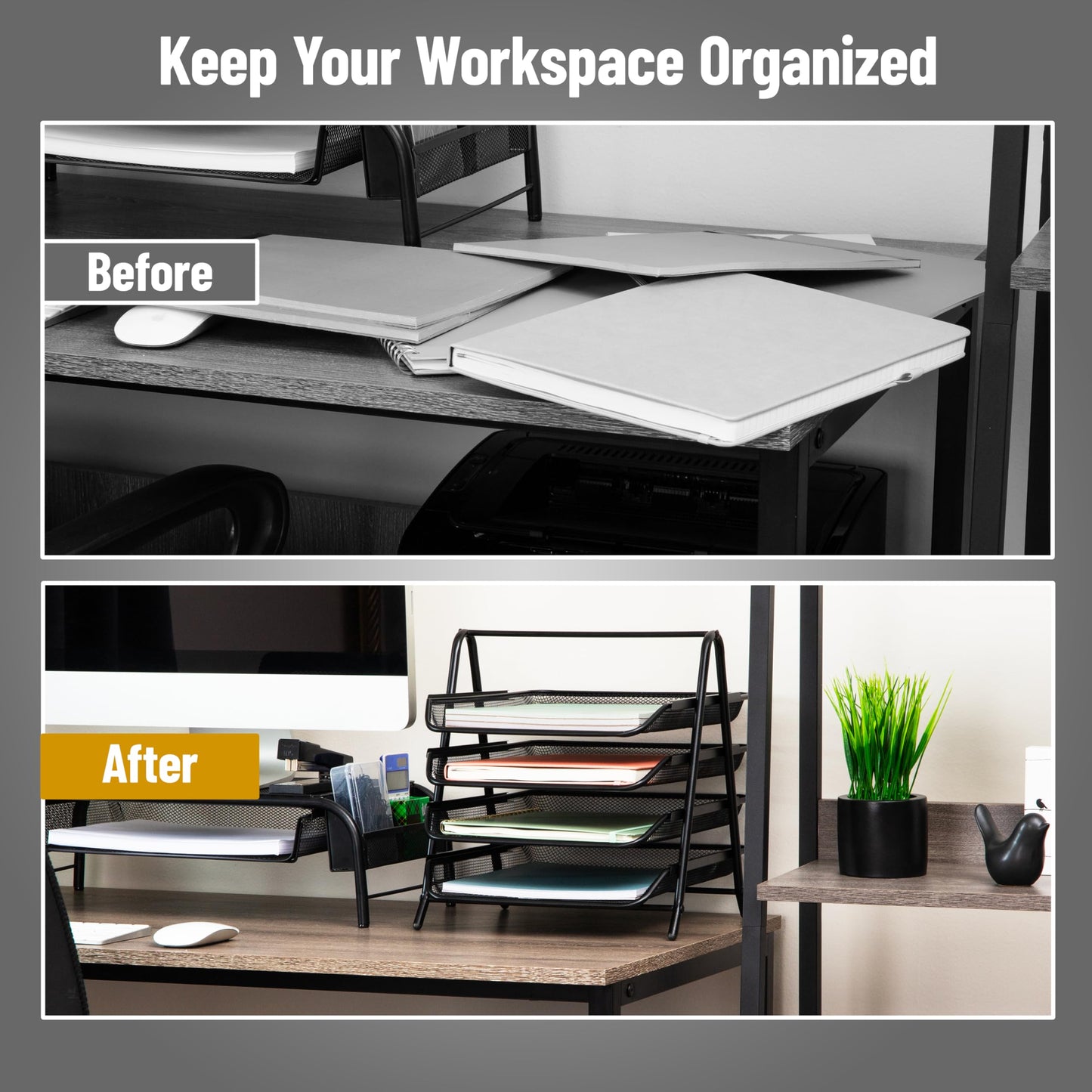 Mind Reader 4-Tier Paper Tray Organizer, Desktop File Sorter with Handle, Document Storage, Slide-Out Trays, Metal Mesh, Black