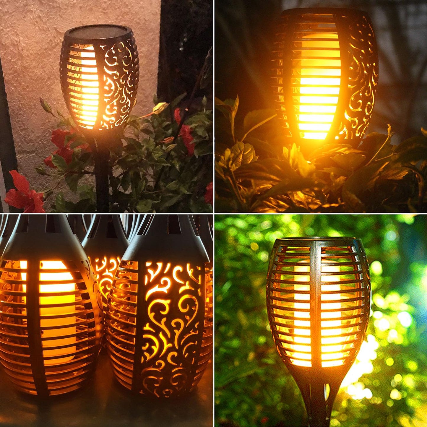 LazyBuddy Solar Torch Lights Outdoor, Large Solar Tiki Torches with Flickering Dancing Flame, IP65 Waterproof Halloween Decoration for Canadian Garden/Patio/Pathway, Auto On/Off (4 Pack)
