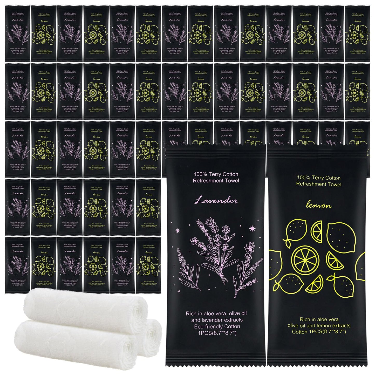 Moist Cotton Towel Bulk Moist Towelettes Individually Wrapped 8.7" x 8.7",White Towel Services,Refreshment Pre Moistened Towels Lavender and Lemon Scent for Travel Sport Party Spa Dentist Hote (1 Count (Pack of 100), Lavender and Lemon)