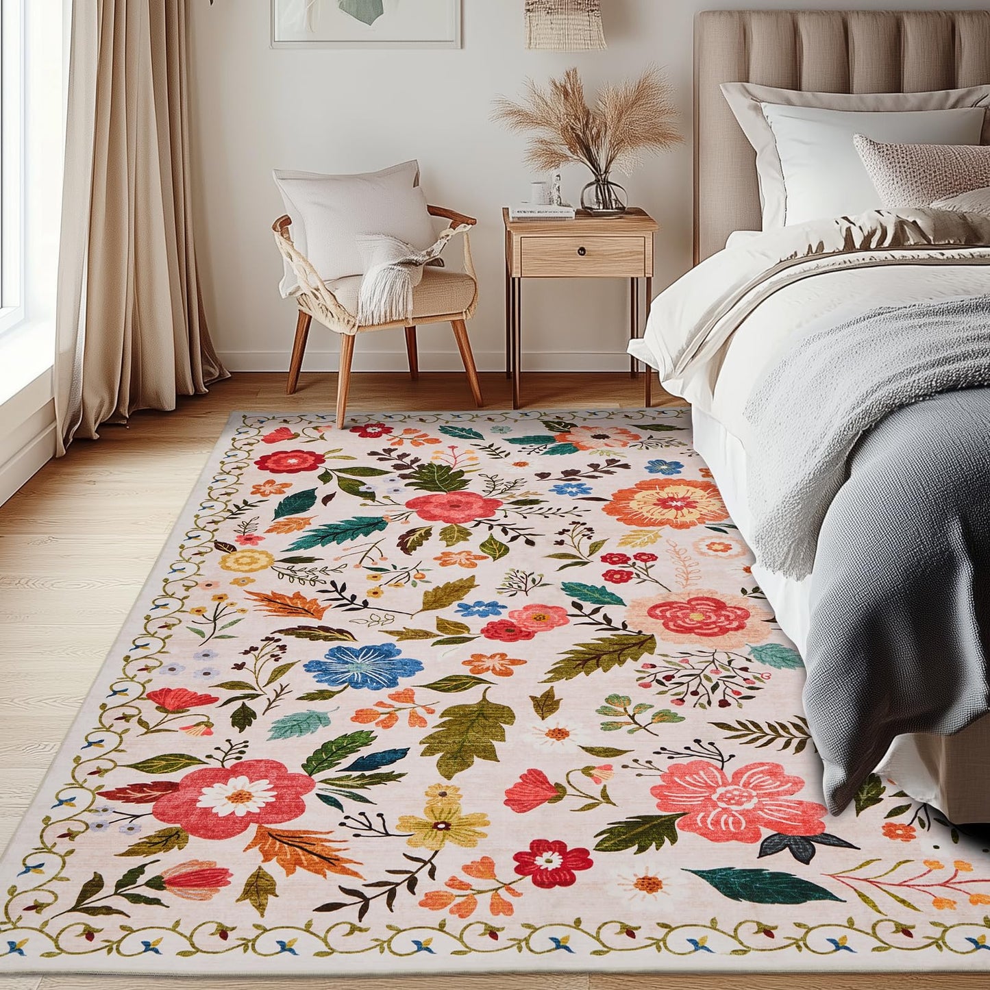 Area Rugs 5x7 for Living Room, Ultra Thin Floral Rug for Bedrooms Shag Non-Slip Soft Washable Indoor, Carpet Boho Low-Pile for Nursery, ‎Dining Room, Office, Farmhouse(Beige with Pink)