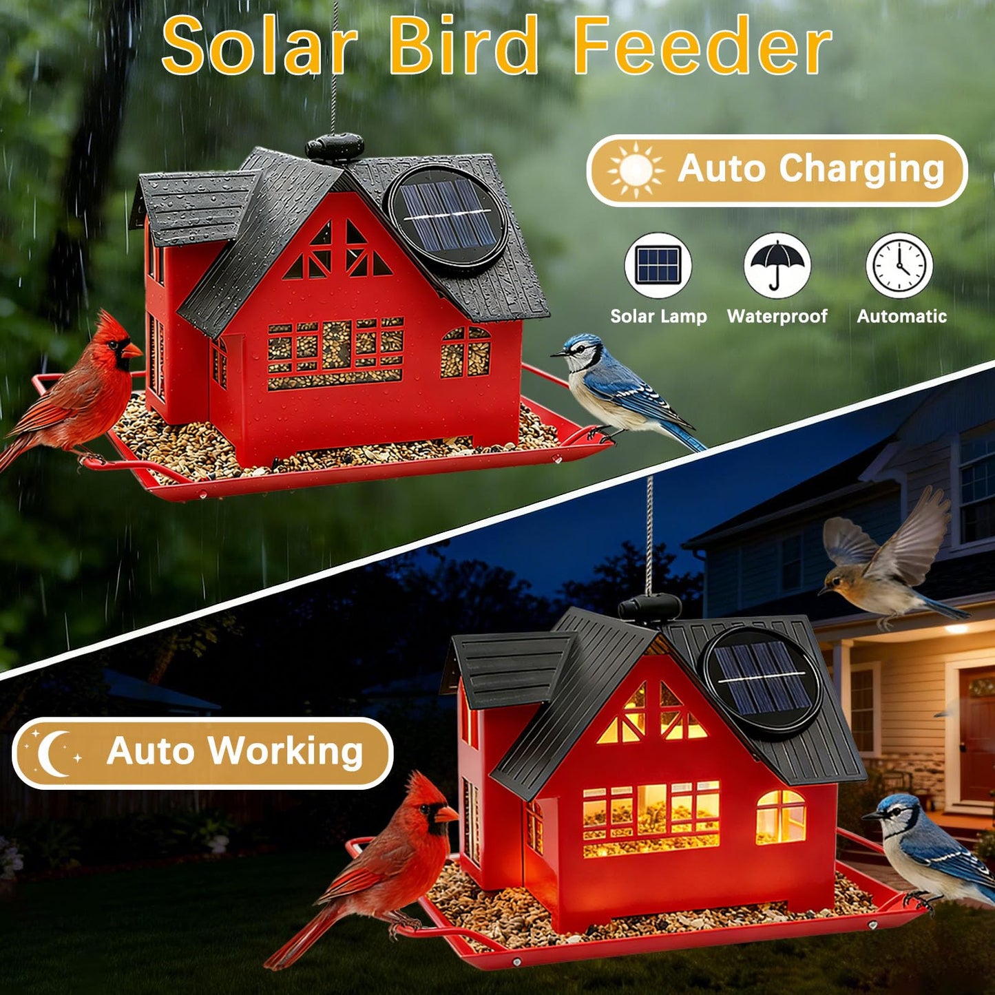 Solar Bird Feeders for Outdoors Hanging, Heavy-Duty Metal Birdfeeders Outside Hanging, Wild Bird Feeders for Garden Decor, Unique Watching Gifts for Bird Lovers, Mom and Grandma