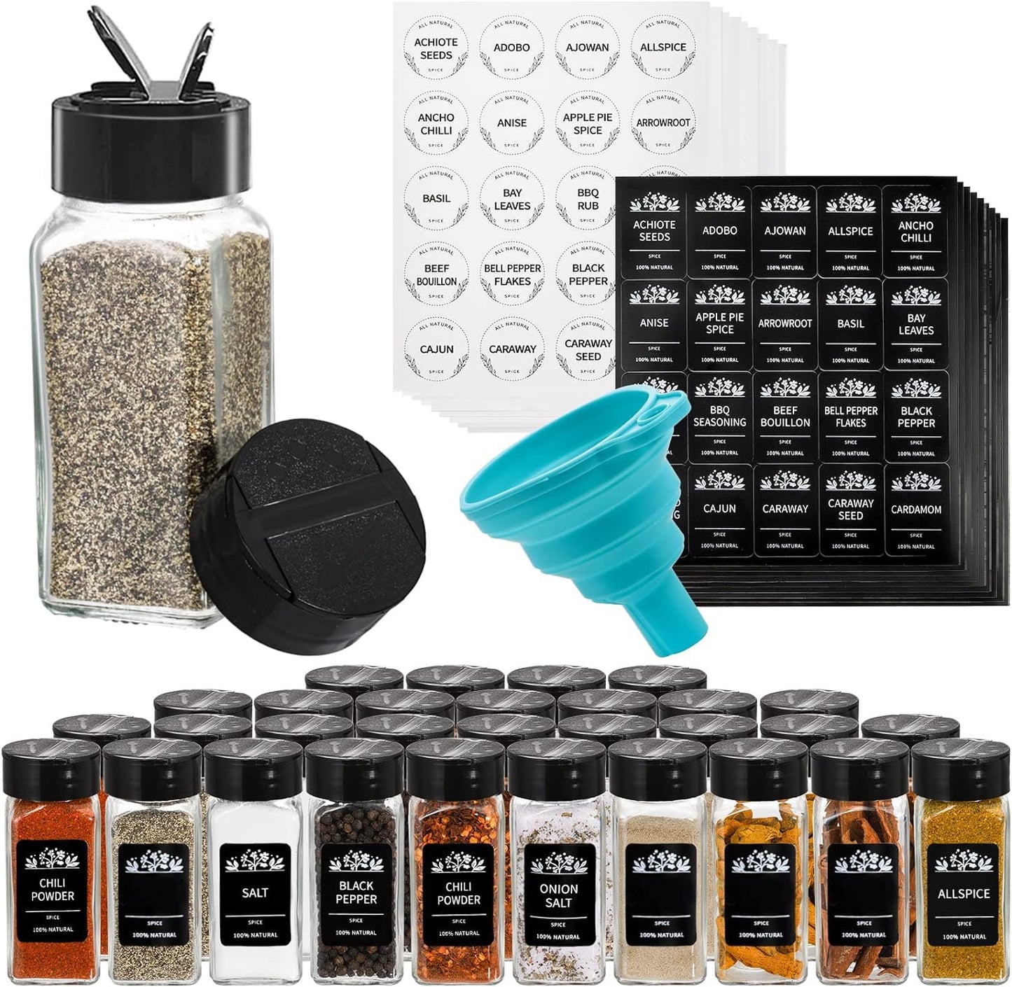 Tebery 30 Pack Glass Spice Jars Square Glass Bottles with Black Caps, 4oz Empty Spice Containers Shakers Complete Organizer Set Includes Shaker Lids, Wide Funnel and Labels