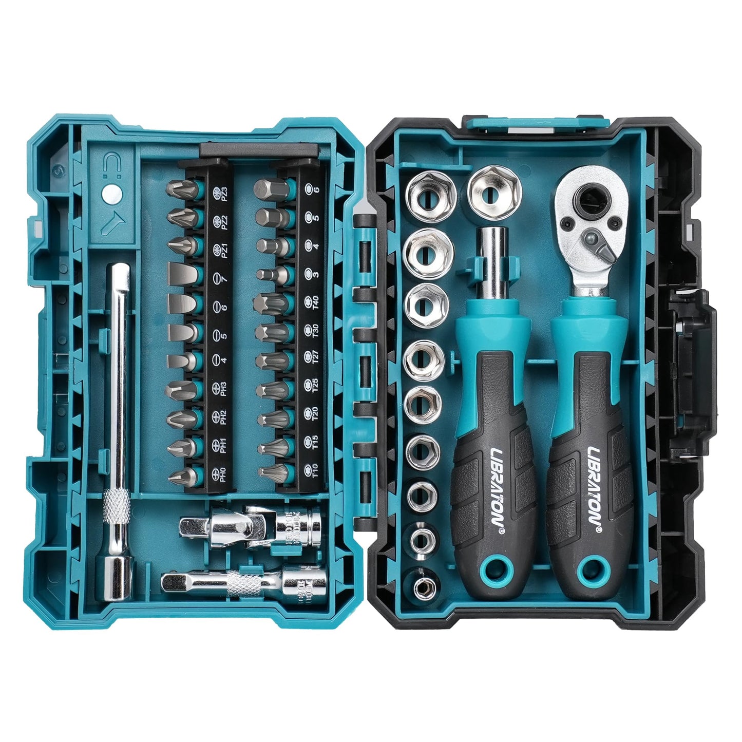 LIBRATON 37PCS 1/4" Drive Mini Socket & Ratchet Wrench Set with Bits, 4-13mm Shallow Sockets, Magnetic Driver Handle, Extension Bars & Universal Joint, with Storage Case for DIY, Auto Repair