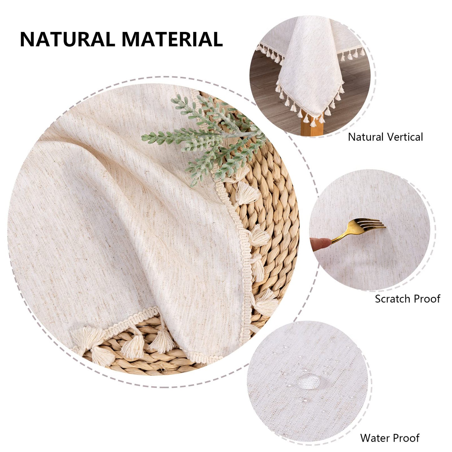 MYSKY HOME Round Tablecloth Nappe Round Table Cover Picnic Round 60 Inch, Faux Linen Boho Table Cloth Waterproof Tablecloths Table Cover for Kitchen Dining Party Holiday Christmas, Beige Tassels