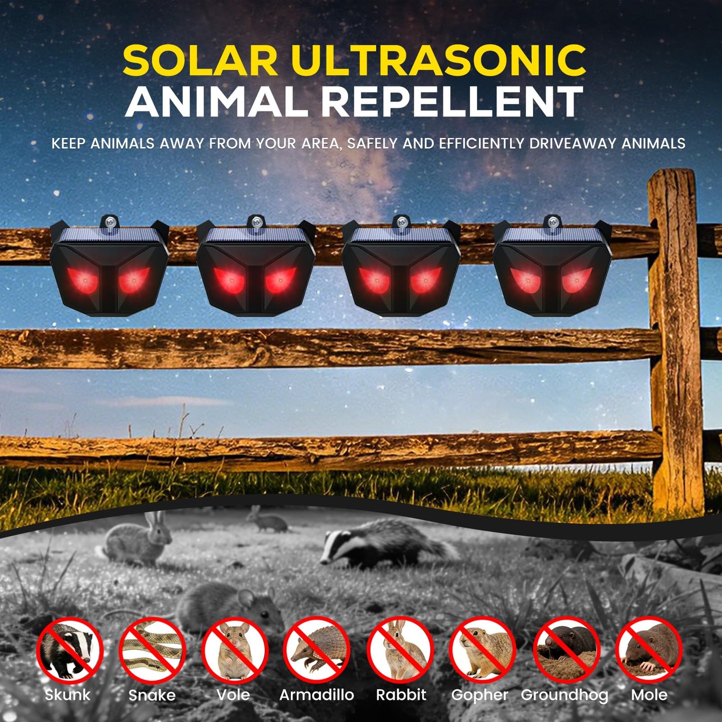 Ultrasonic Animal Repellent Outdoor, Solar Power Cat Rodent Raccoon Repeller, Rabbit Snake Control Device with Motion Sensor and FIashing Light, Waterproof Outdoor Animal Repellent for Deer Squirrel