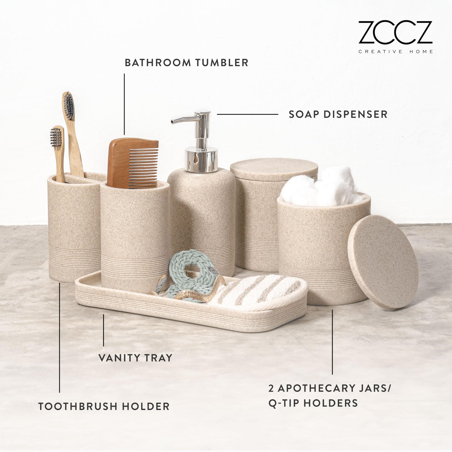 zccz Beige Bathroom Accessory Set 6 Pcs - Soap Dispenser, 2 Qtip Holder Dispenser, Toothbrush Holder, Vanity Tray, Bathroom Tumbler - Decorative Countertop Vanity Organizer - Accessoire Salle De Bain