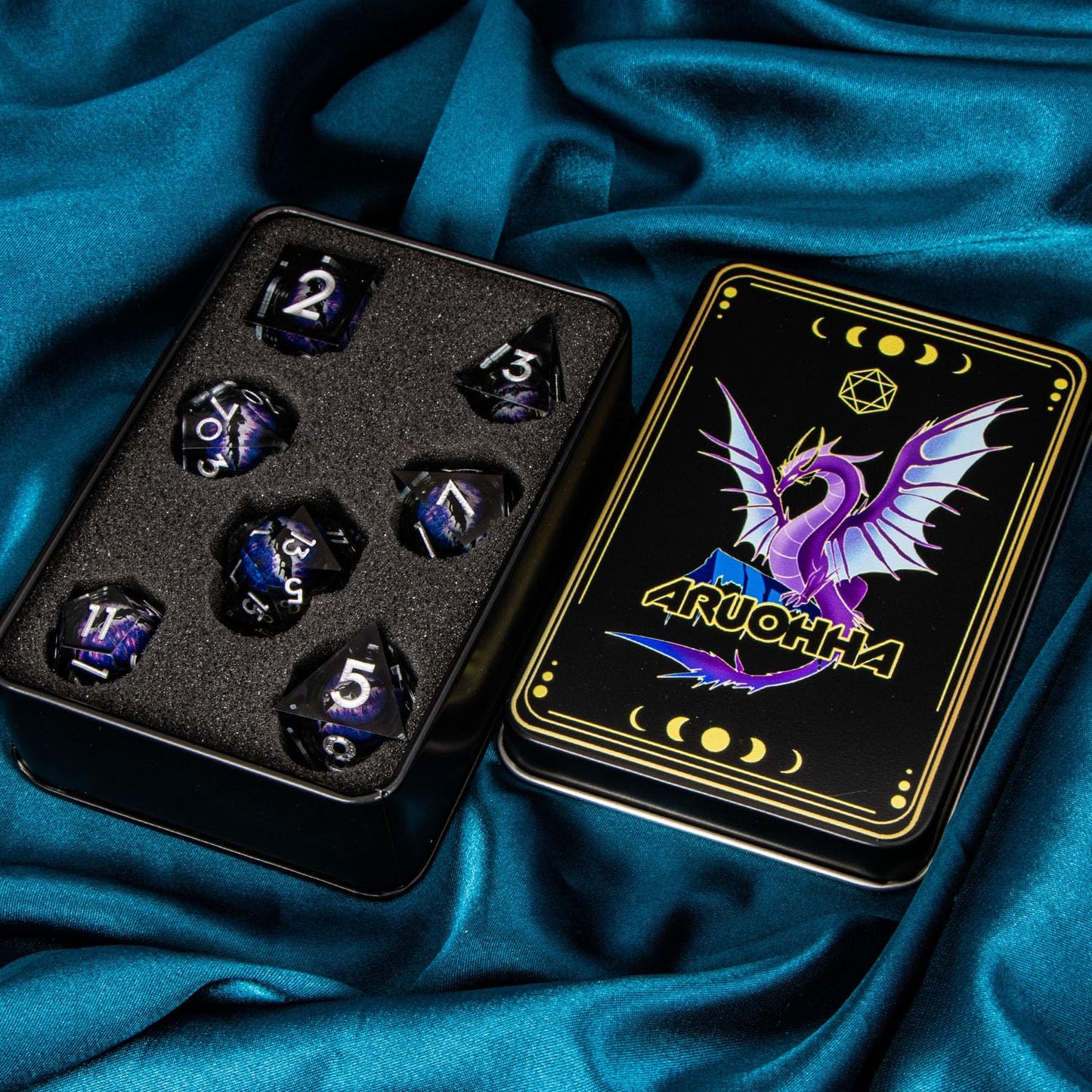 ARUOHHA DND Resin Dice Dragons Eye Dice Liquid Core Purple Sharp Edged Dice Set with Gift Box, Dungeons Polyhedral D and D Dice Set Compatible with D&D Role Playing Game D20 D12 D10 D8 D6
