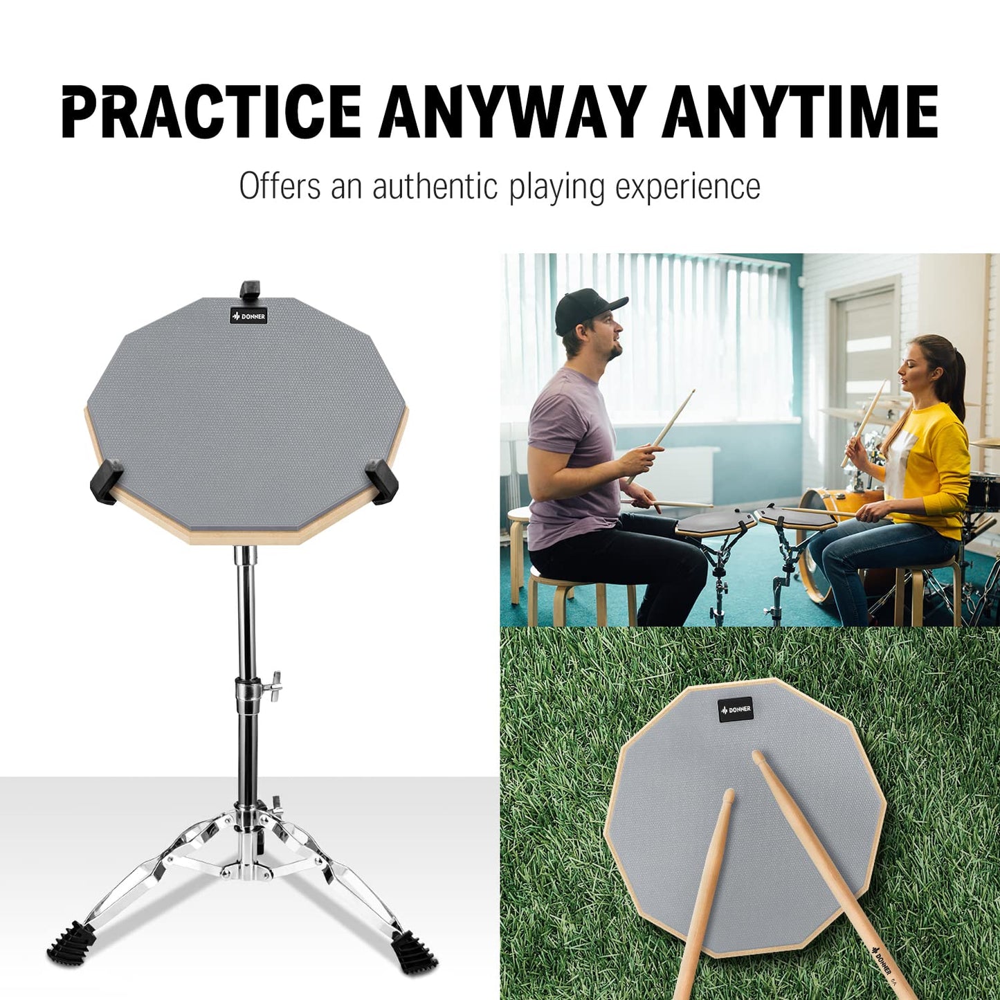 Donner Drum Practice Pad，12 Inches Silent Practice Drum Pad 2-Sided With Drum Sticks - Gray