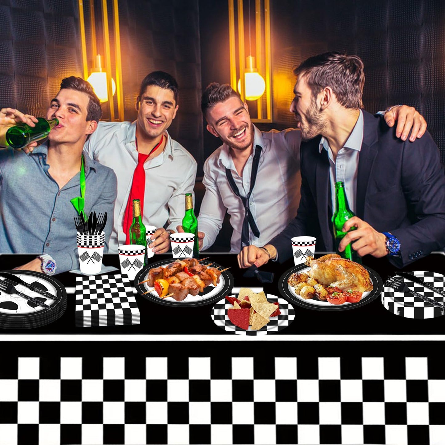 Poqirzan 146PCS Race Car Party Tableware Set Racing Car Plates and Napkins Party Supplies Black and White Checkered Race Car Birthday Party Decorations Car Tablecloth Paper Plates Napkins Set Serve 24