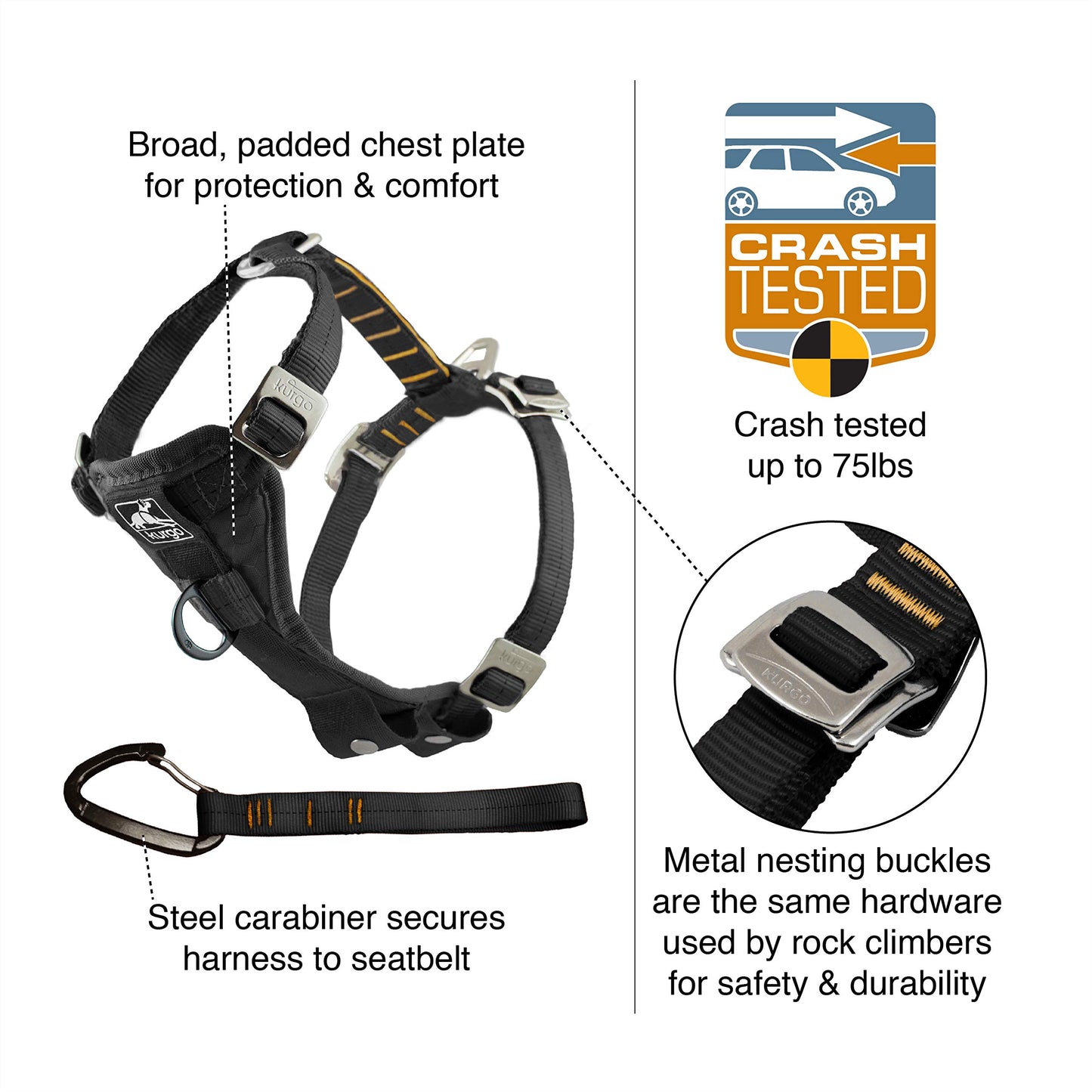 Kurgo Tru-Fit Enhanced Strength Dog Harness, Crash Tested Car Safety Harness for Dogs, Includes Pet Safety Seat Belt, Steel Nesting Buckles, Front D-Ring for No Pull Training, L, Black