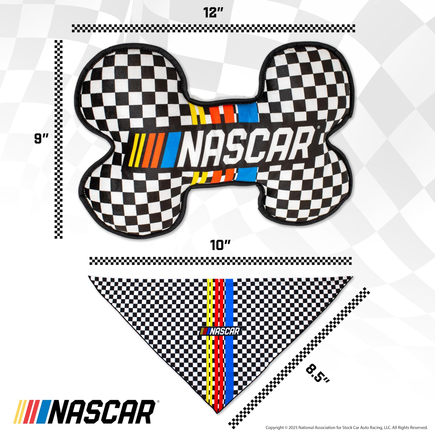 design LAB, Inc. NASCAR Official Merchandise | Medium Sherpa Bone Dog Toy with Squeaker & NASCAR Dog Bandana | Plush Dog Toy for Snuggling, Tossing & Chewing | Official NASCAR Pet Gift Set