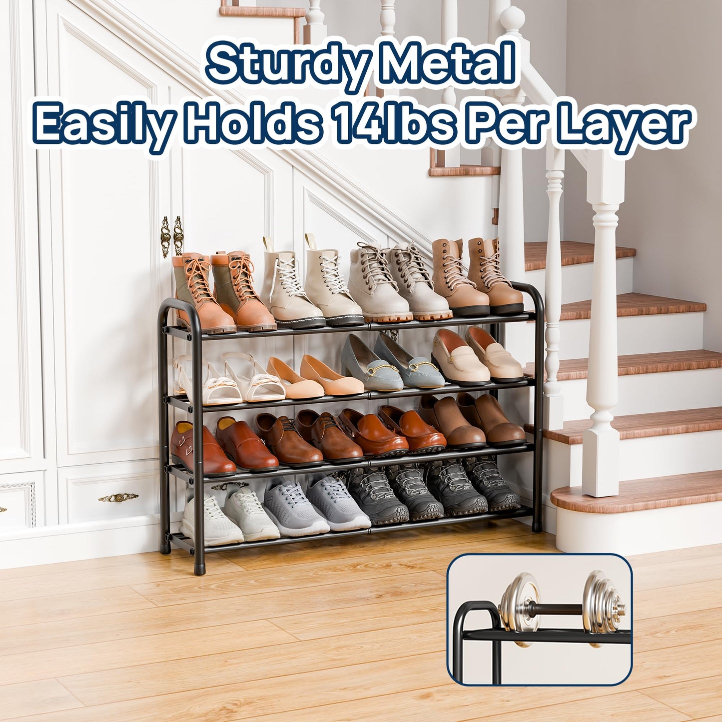 ENJOYBASICS Expandable Metal Shoe Racks for Closet, 4 Tier Adjustable Shoe Organizer Shelf, Black Free Standing Rack Storage for Entryway