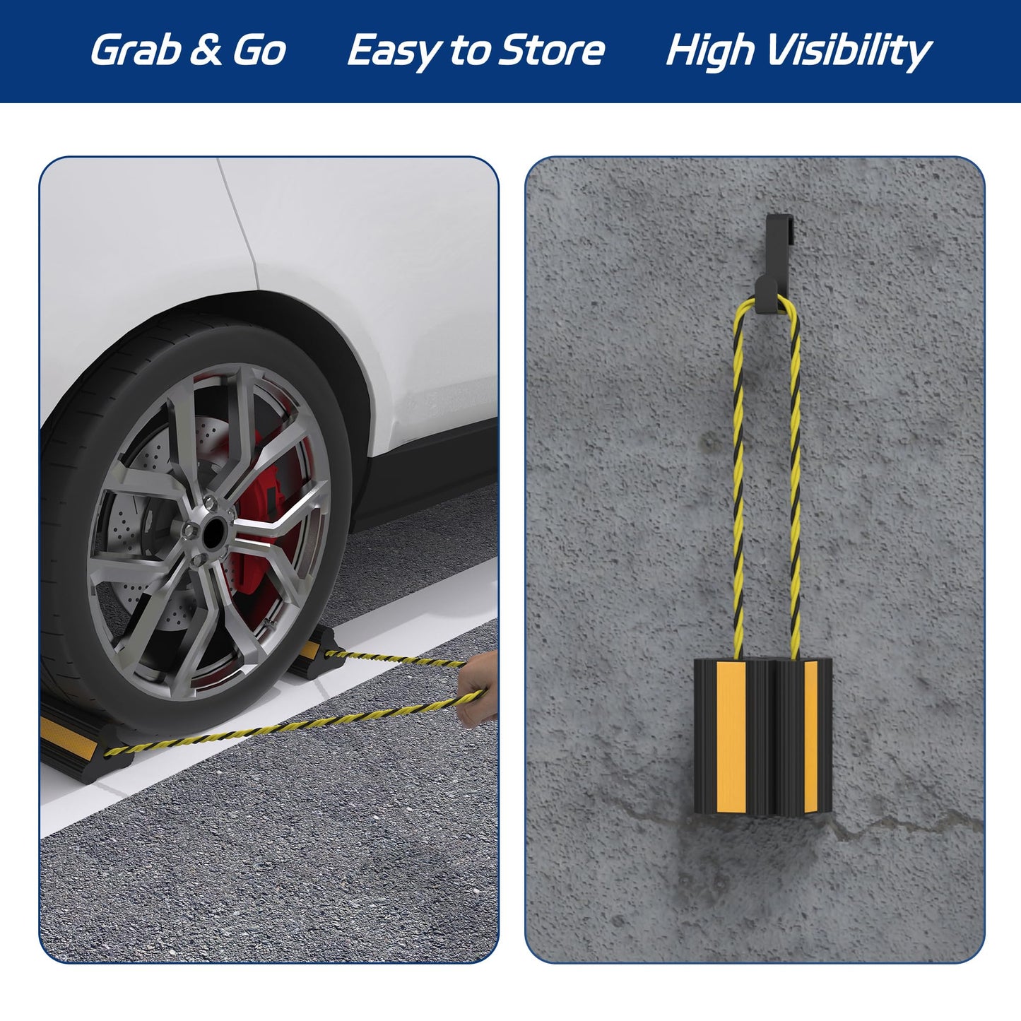 TOWKING Heavy Duty Rubber Wheel Chock, Non-Slip Tire Stopper with Durable Nylon Rope, for Cars, Trucks, RVs, and Aircraft, 2 Pairs