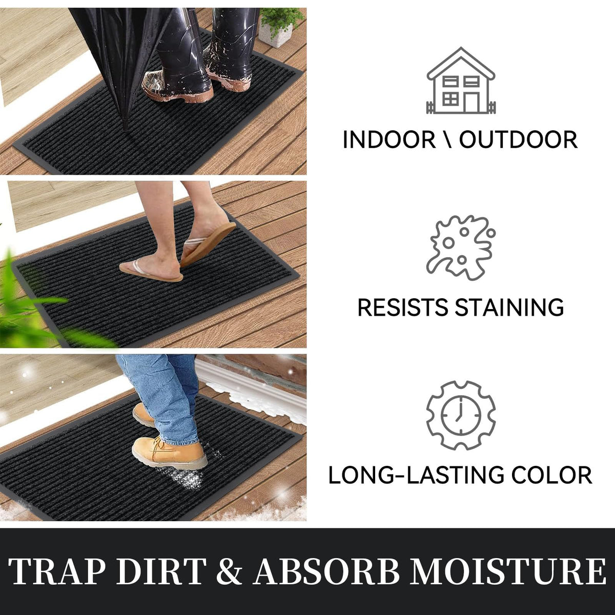 OLANLY Front Door Mat Indoor Outdoor Waterproof Doormat, Low Profile Non Slip Welcome Mat, Easy Clean Heavy Duty Durable Outdoor Mats for Entrance, 35"x23", Black