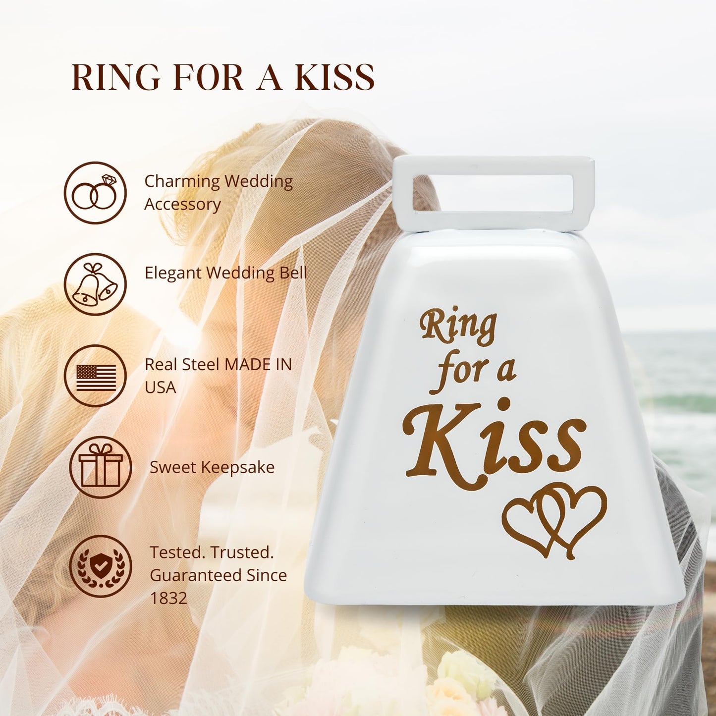 Ring for a Kiss Wedding Bell (2-Pack) | Loud Cowbell Tea Bell | Wedding Reception Dinner Bells | Countertop Service Call Bell | Made in CT, USA