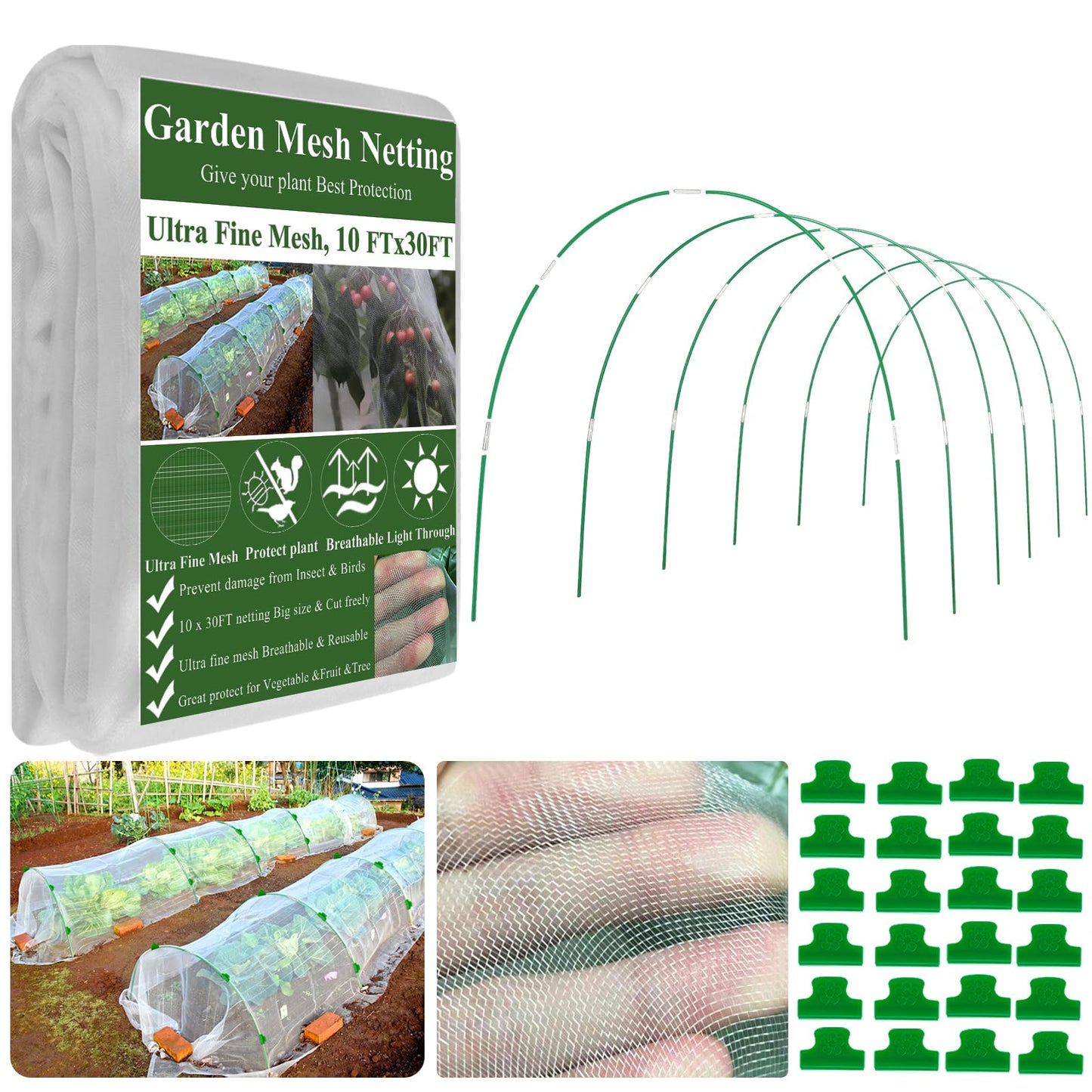 Garden Mesh Netting Kit,10 x 30FT Ultra Fine Netting with 6 Sets Fiberglass Garden Hoops for Raised Beds Vegetable Plants Fruits Greenhouse Row Cover Birds Animals Barrier Protection Net