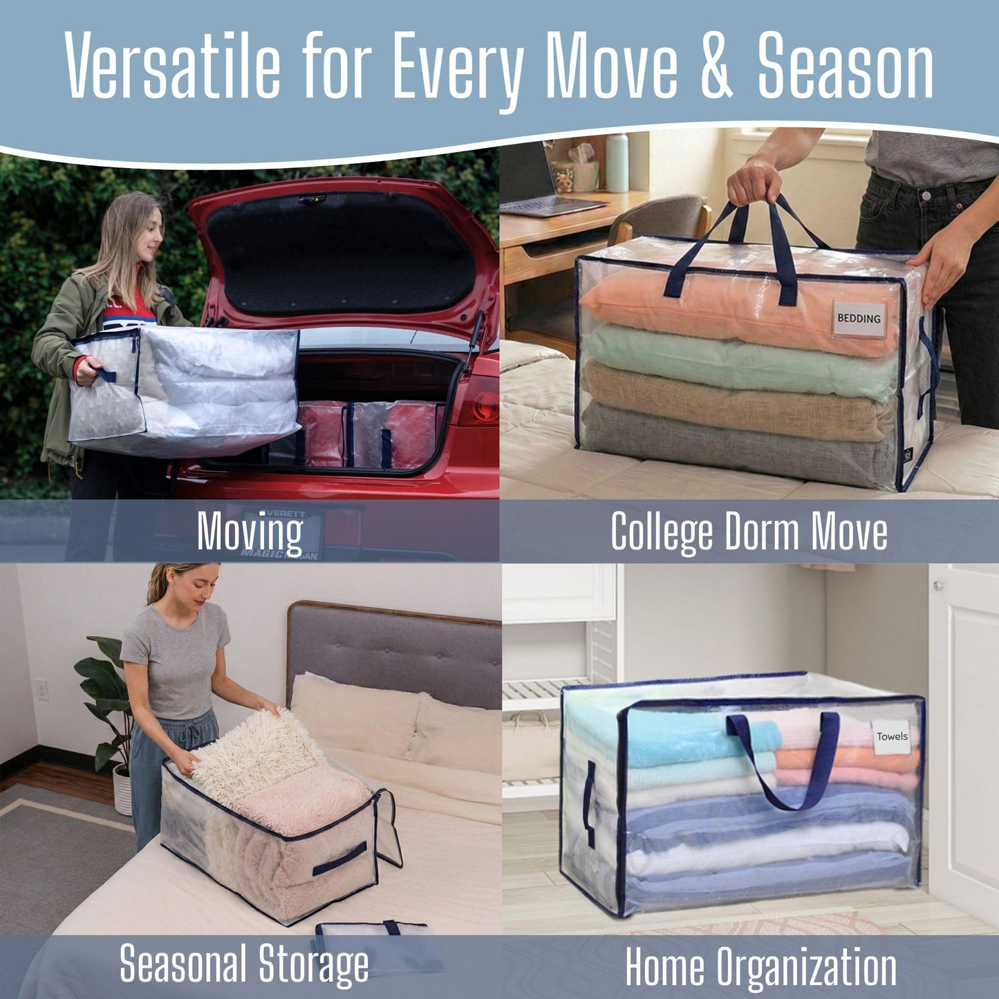 VENO Heavy Duty Extra Large Foldable Storage Bags with Zippers & Carrying Handles, Storage Containers Organizer Tote, Moving Boxes for College Dorm, Travel, Camping, Reusable (Clear, 4 Pack)