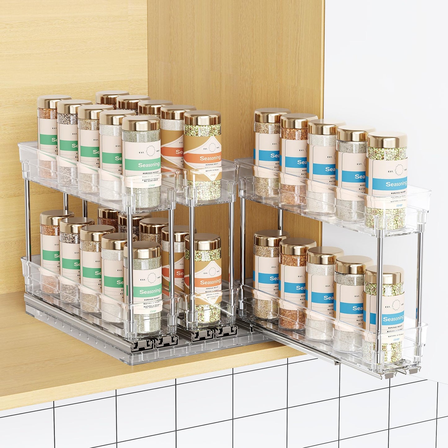Mystozer 3 Packs Pull Out Spice Rack Organizer for Cabinet, Vertical Spice Rack Pull Out, Heavy Duty Slide Out Seasoning Organizer, 2.3" Wx10.35''Dx8.26''H, 3 Drawers 2 Tiers(Clear)