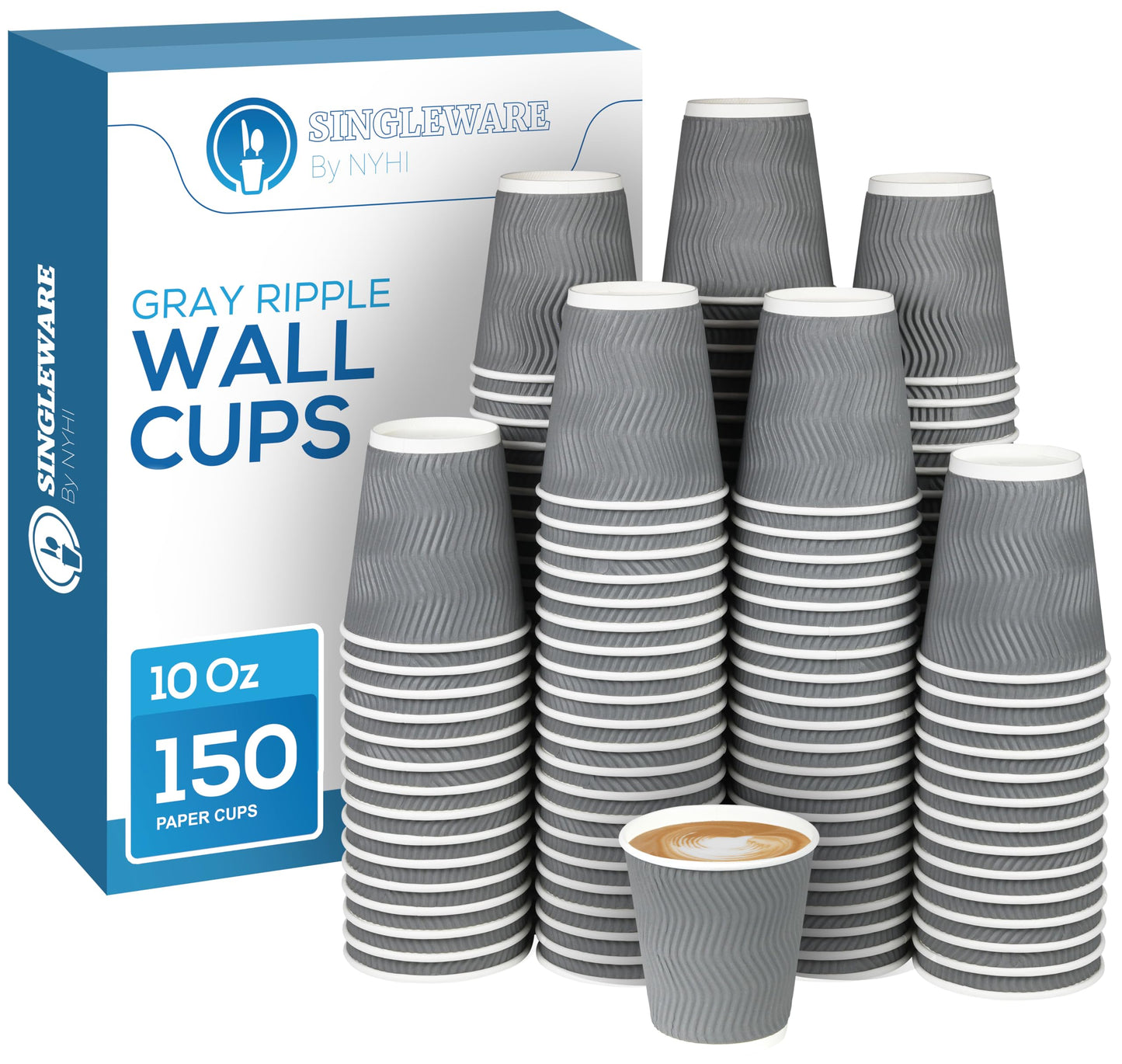 NYHI Set of 150 Ripple Insulated Gray Paper Cups Coffee Tea Hot Cups Recyclable 3 Layer Rippled Wall For Better Insulation Perfect for Cappuccino Hot Coco or Iced Drinks (10 oz -150 pack)