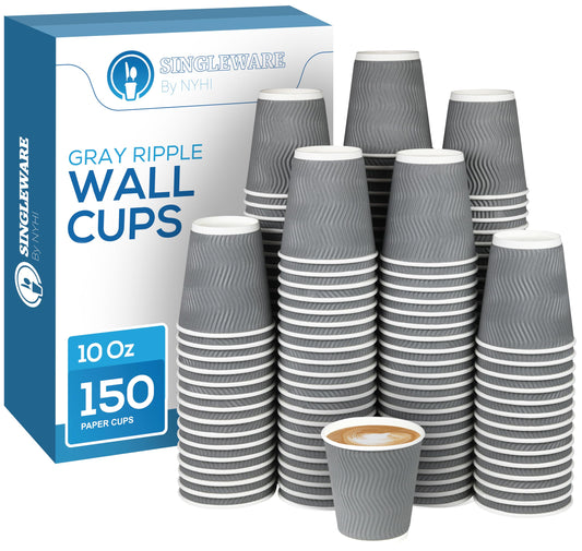NYHI Set of 150 Ripple Insulated Gray Paper Cups Coffee Tea Hot Cups Recyclable 3 Layer Rippled Wall For Better Insulation Perfect for Cappuccino Hot Coco or Iced Drinks (10 oz -150 pack)