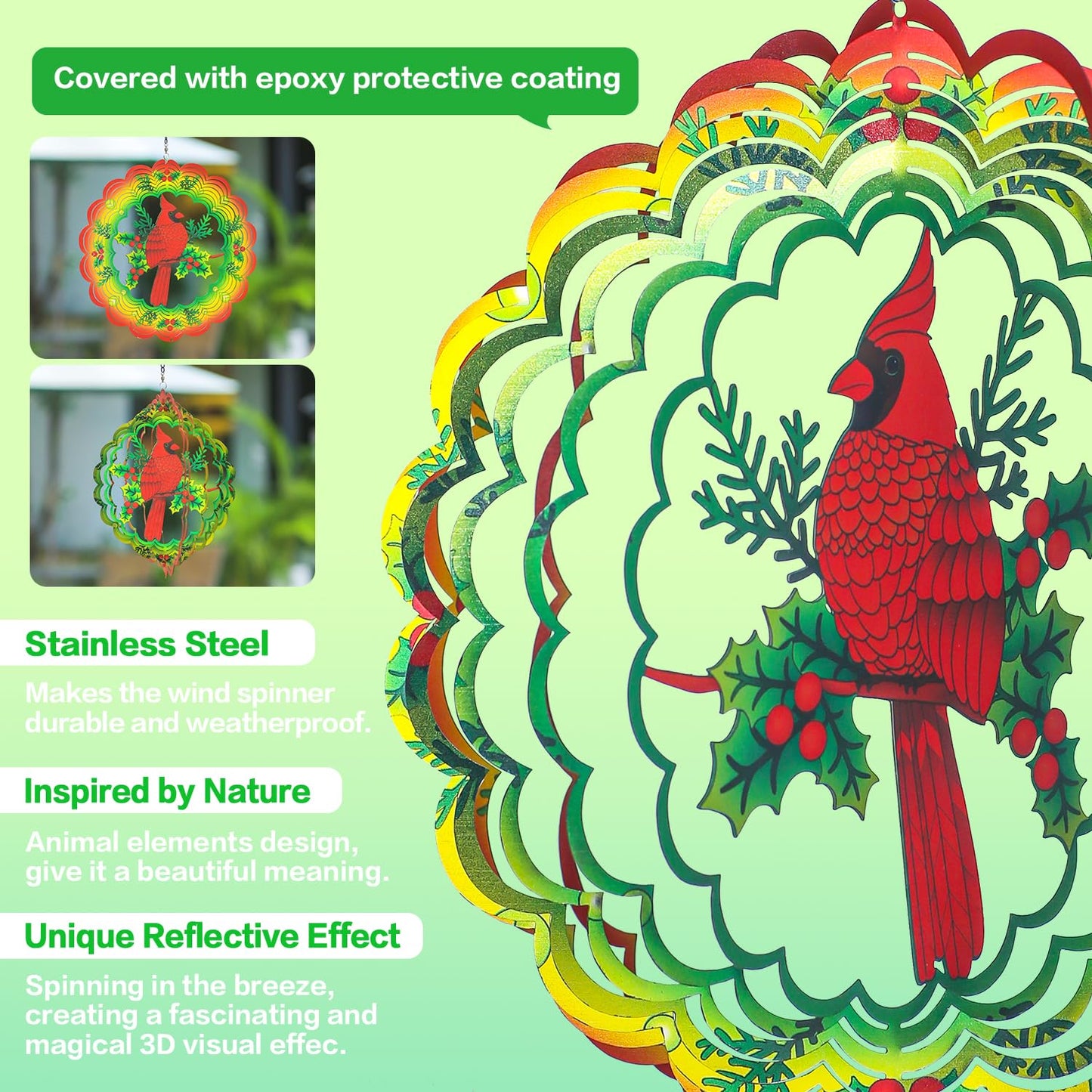 Cardinal Wind Spinners Cardinal Gifts for Women/Men 12 inch 3D Stainless Steel Hanging Wind Spinner Metal Bird Wind Catchers Kinetic Sculpture for Indoor/Outdoor Decor, Yard Art, Garden Decorations