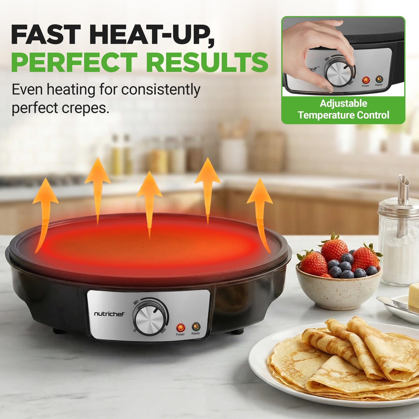 Electric Griddle Crepe Maker Cooktop - Nonstick 12 Inch Aluminum Hot Plate with LED Indicator Lights & Adjustable Temperature Control - Wooden Spatula & Batter Spreader Included