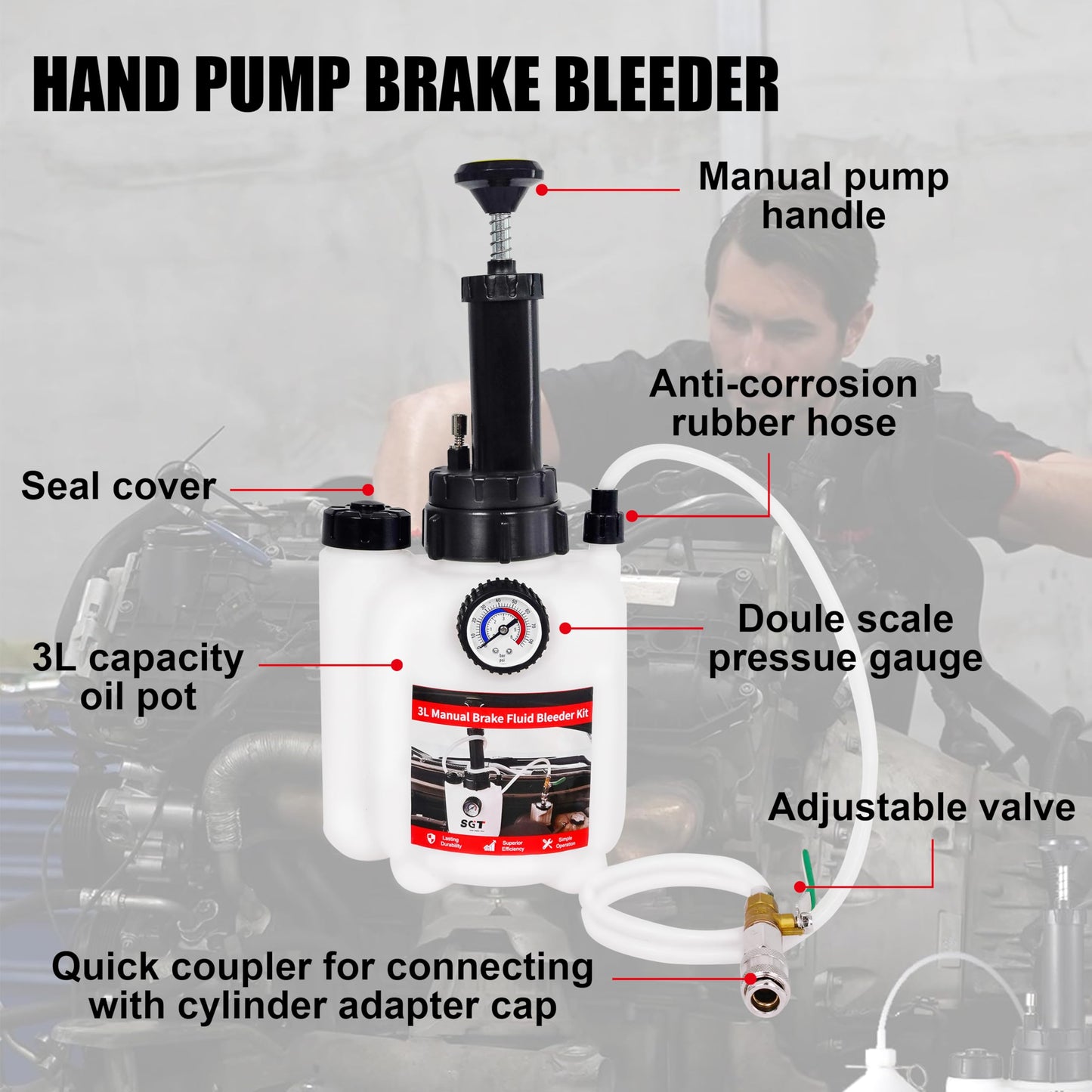 SGT 3L Brake Bleeder Kit，Manual Brake Bleeder Fluid Pump with 1L Brake Fluid Bleed Bottle and 4 Master Cylinder Adapters for Most Vehicles