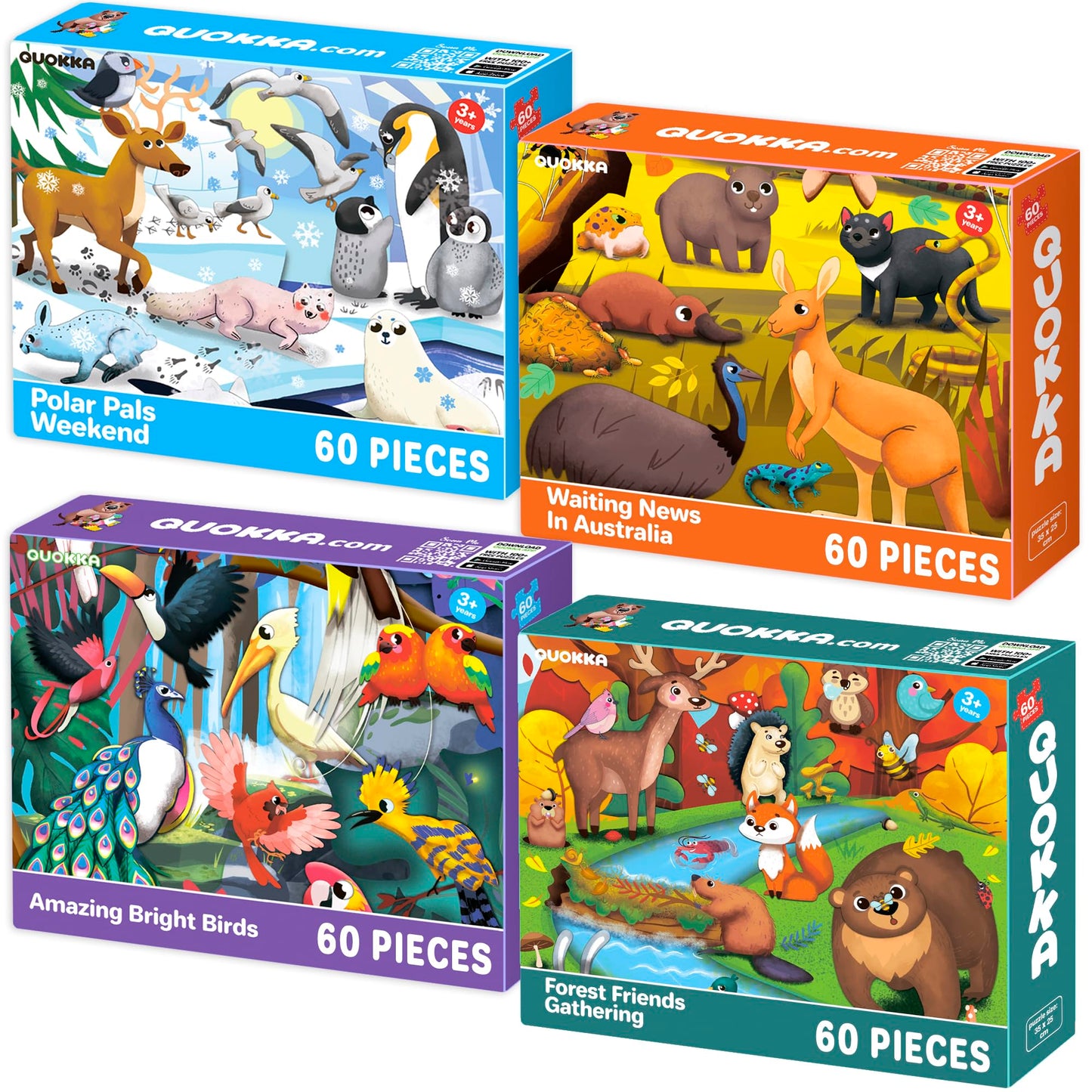 QUOKKA Puzzles for Kids Ages 4-6 – Set of 4x60 Jigsaw Puzzles for Toddlers 3-5 – Polar, Birds, Animals Toys Children 6-8 yo – Gift Educational Game Boys and Girls Who Love Nature and Wildlife