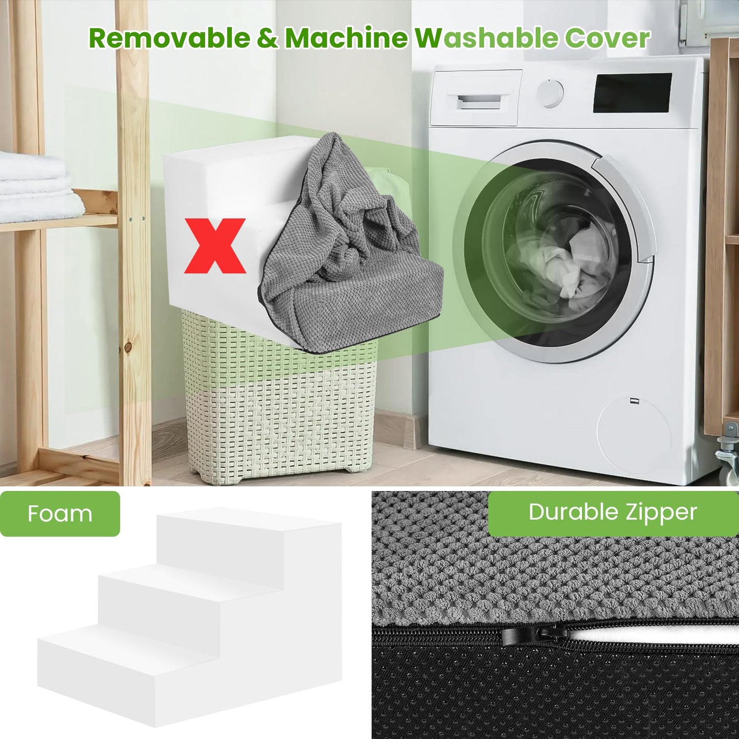 Bnonya 3 Tiers Dog Stairs for Small Dogs, Pet Stairs for Couch and High Bed, Soft Foam Dog Steps with Removable Washable Cover for Injured Dogs, Short-Legged Dogs and Older Pets Dogs, Grey