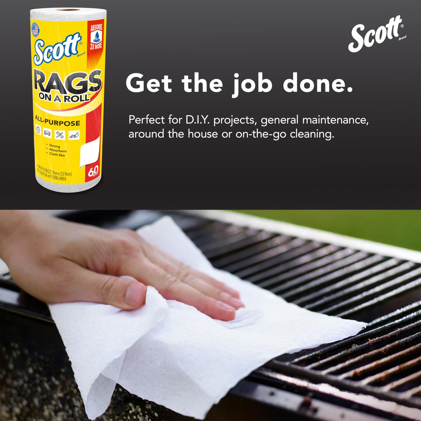 Scott® Rags On A Roll™ (54992), All-Purpose Towels, 9.4"x11" sheets (60 Towels/Roll, 12 Rolls/Case, 720 Towels/Case)