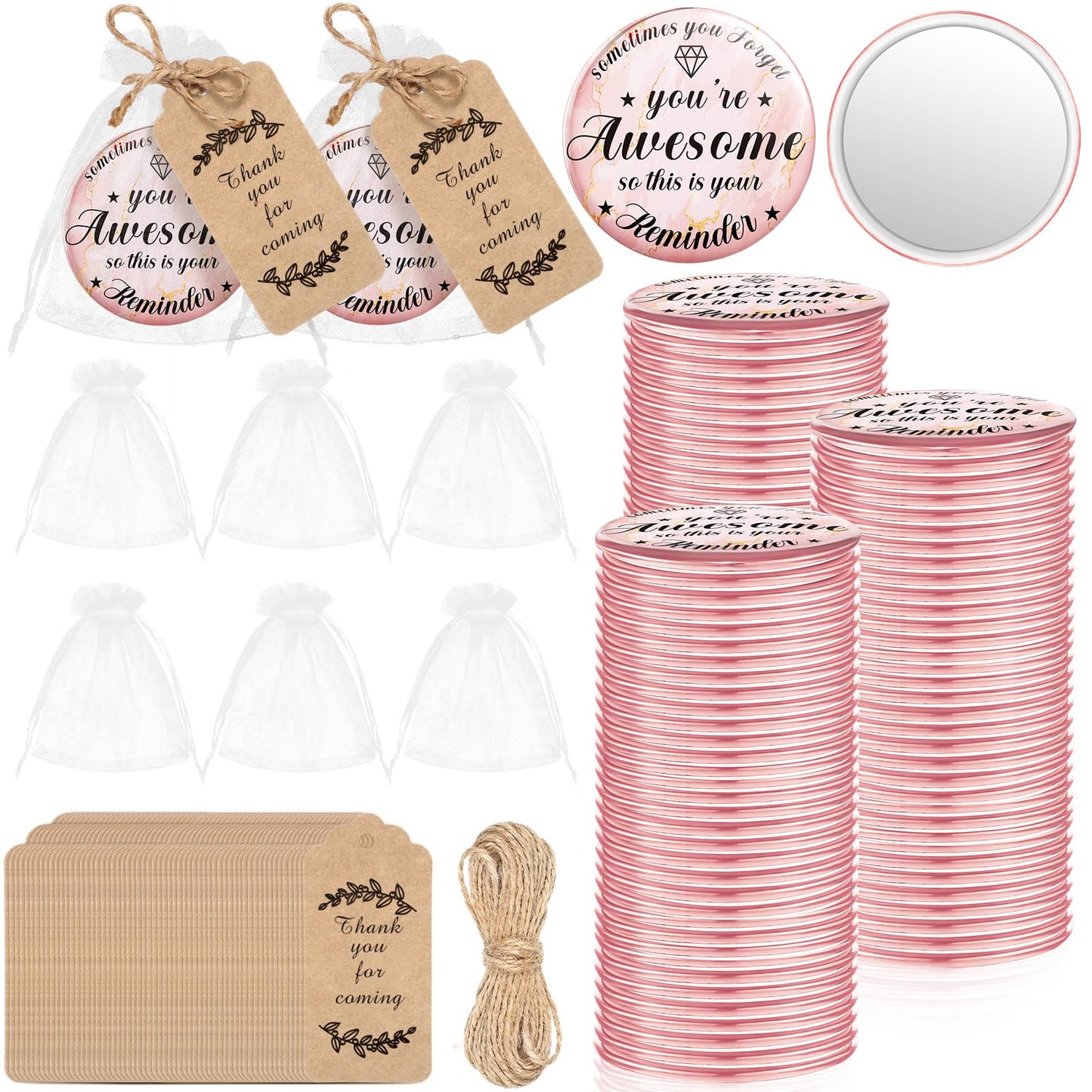 Tradder 100 Sets 2.76 Inch Inspirational Compact Mirrors Bulk Small Purse Pocket Makeup Pink Mirrors Quinceanera Party Gifts Employee Appreciation Gifts Set for Women Coworker (Awesome)