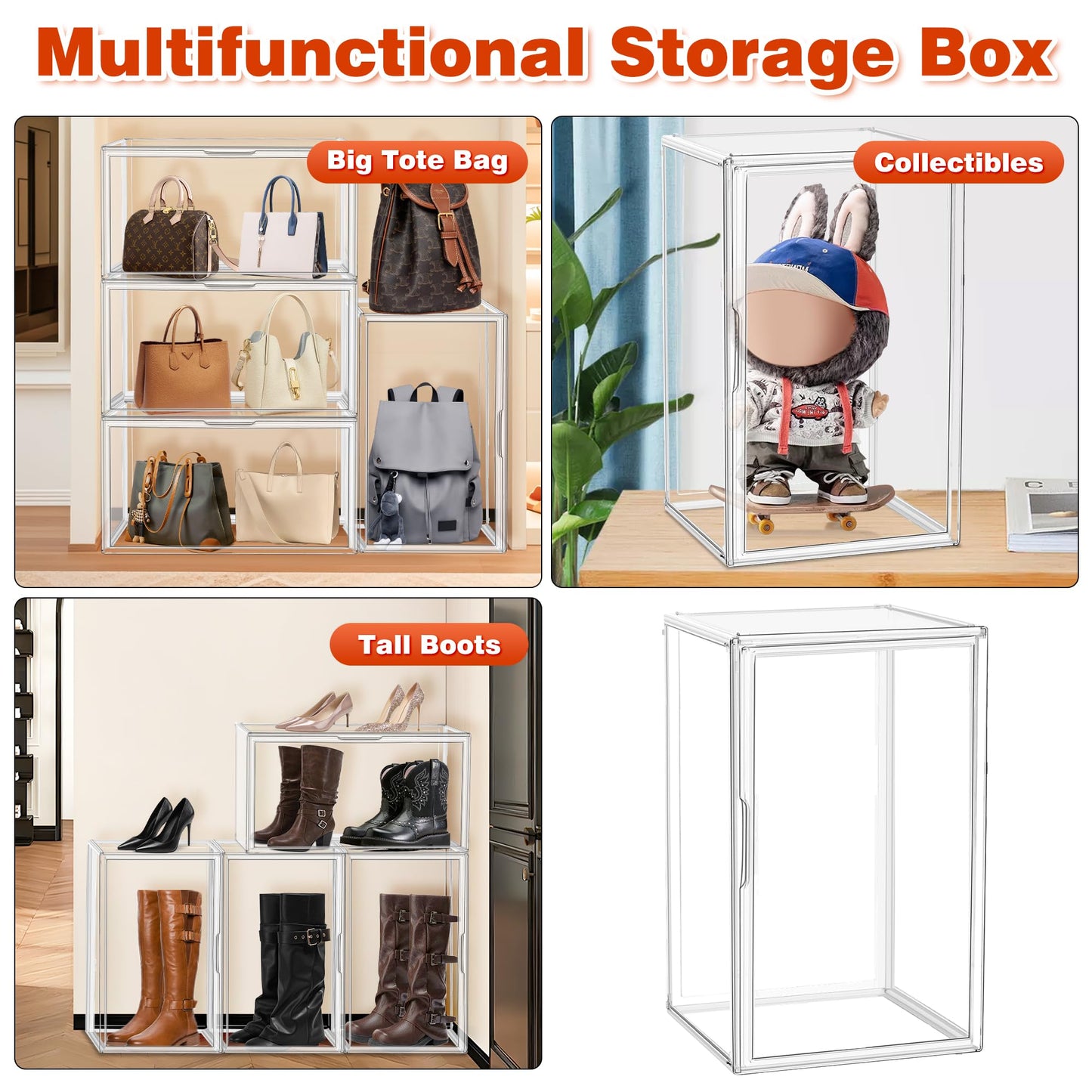 1 Pack Tall Acrylic Display Case XXXXX-Large 13.8”x 12.2”x 23.6" Purse Handbag Organizer Long Stackable Tall Boot Totes Storage Box Clear Giant Figure Collection Showcase with Magnetic Lid