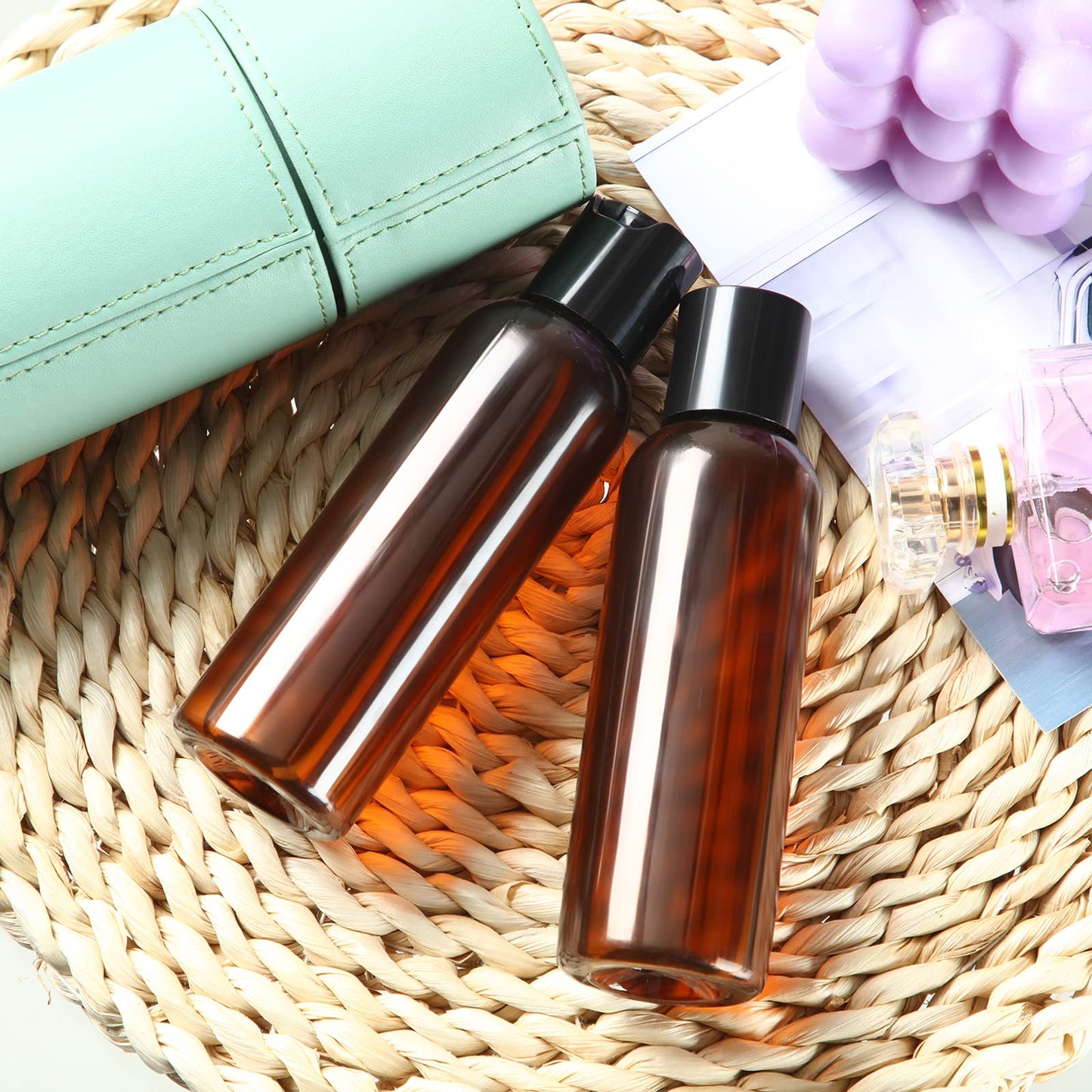 50 Pieces 4oz Plastic Squeeze Bottles with Disc Top Flip Cap Empty Amber Refillable Containers Small Travel Toiletry Bottles for Lotion Shampoo Oil Body Soap Creams