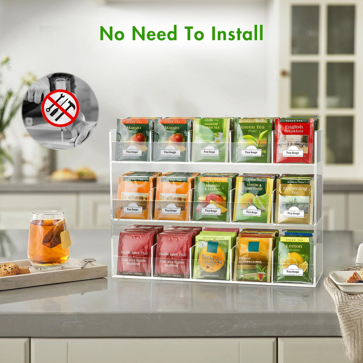 BEYGORM Acrylic Tea Bag Organizer for 270 Tea Packets, No Assembly Required Display Holder for Countertop, Vertical Tea Bag Caddy for Cabinet, Tea bar Accessories, Teabags Storage Containers