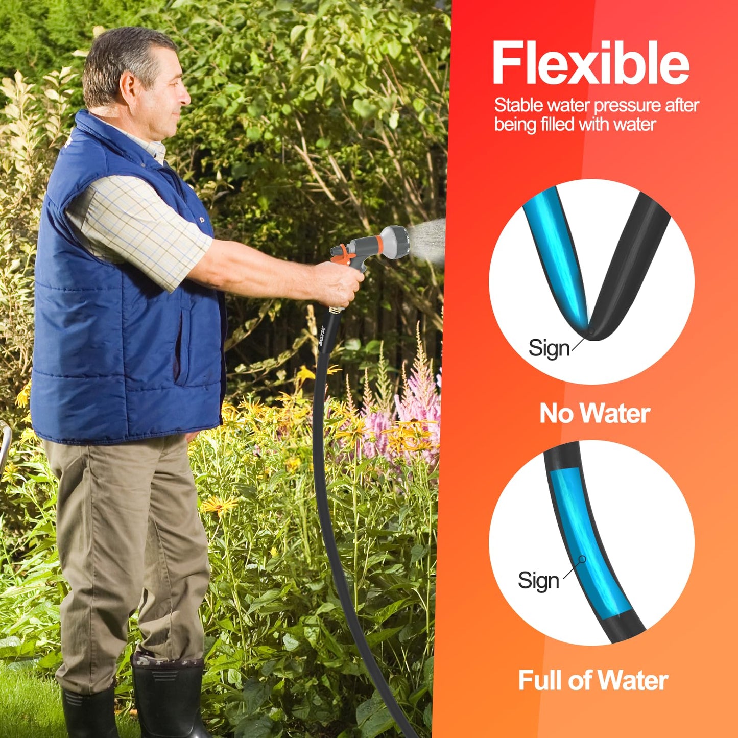 SPECILITE Garden Hose 50 ft x 5/8 in Heavy Duty, Flexible and Lightweight, Burst 600 psi, Kink-Less Hybrid Rubber Pipe for Backyard, 3/4'' Brass Fittings, Black