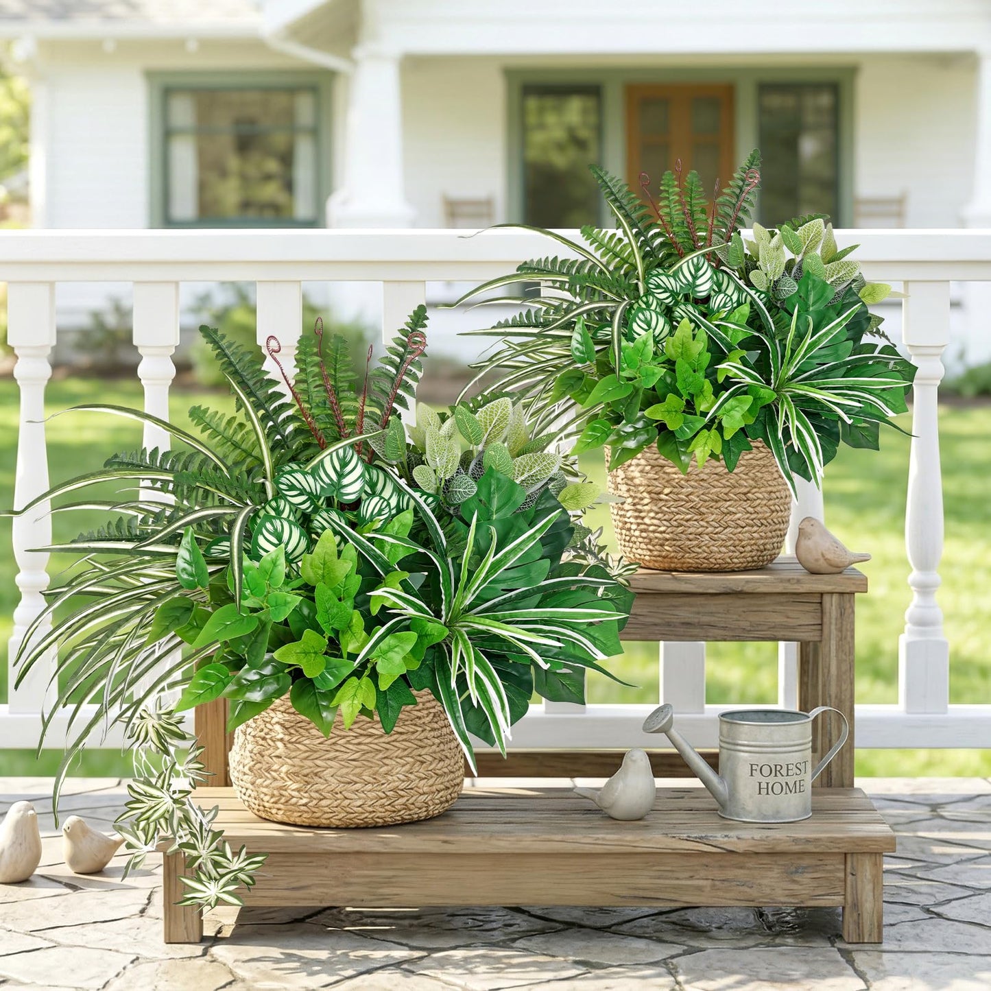 UXORSN 8 Bundles Artificial Outdoor Plants UV Resistant Artificial Greenery Stems Fake Ferns Shrubs Bushes Spring Summer Plastic Green Plants for Planter Garden Outside Porch Patio Decor