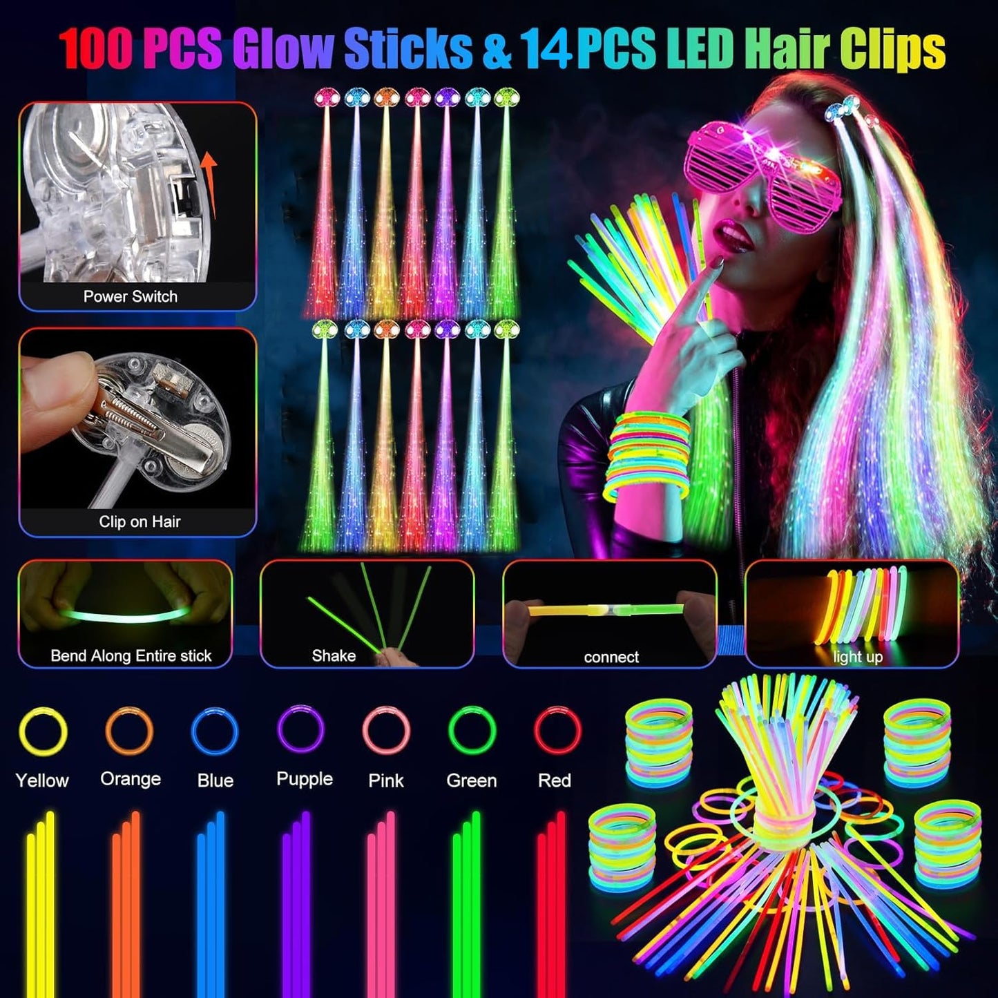 159 PCS Glow in the Dark Party Supplies, 14PCS LED Glasses, 30LED Finger Lights, 15LED Light Hairs and 100PCS Mixed Colors Glow Sticks Bracelets for Halloween, Christmas, Birthday, Glow Party, Wedding