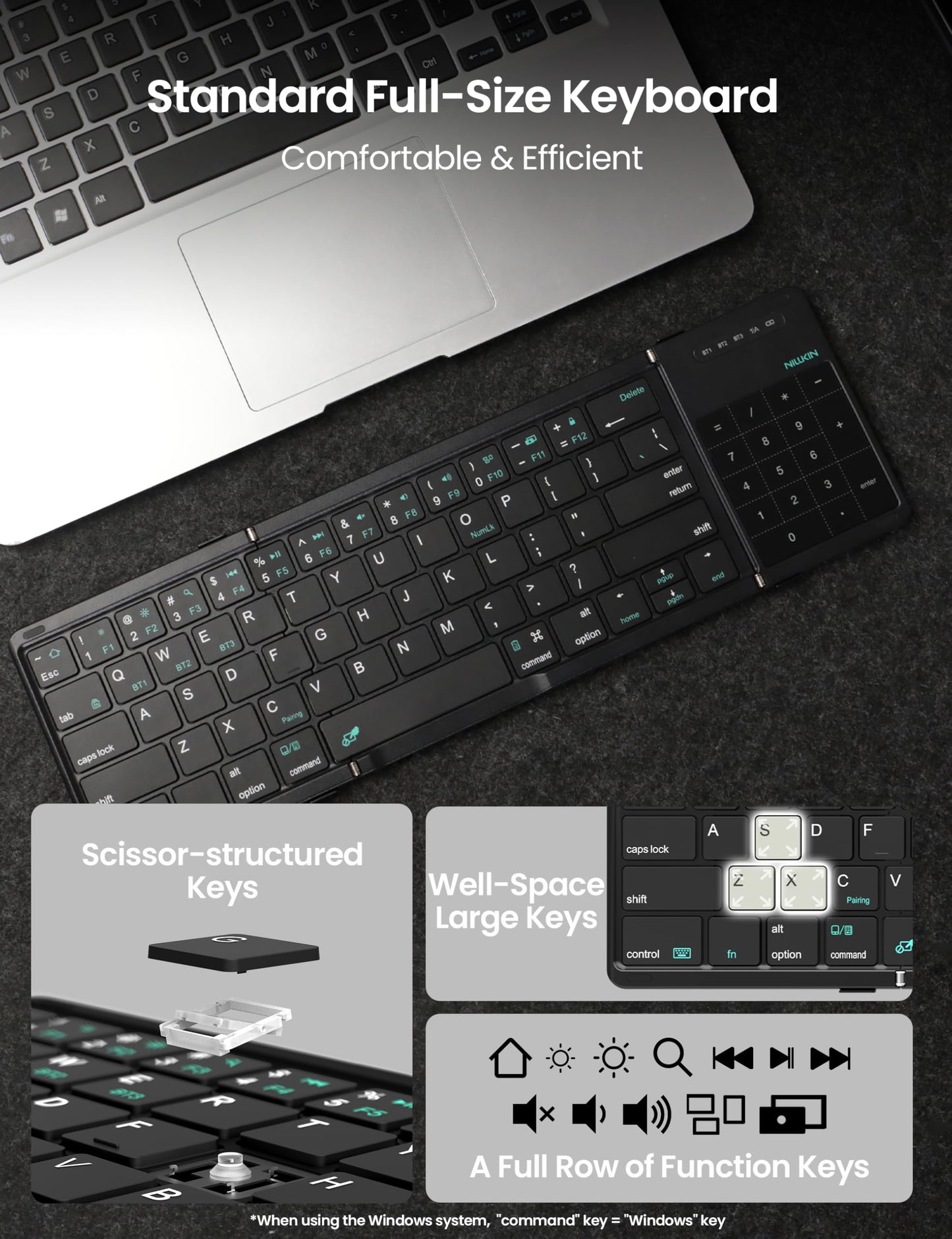 Nillkin Foldable Keyborad with Touchpad & Number Pad, Bluetooth Keyboard with Trackpad, Folding Wireless Portable Keyboard for PC Laptop iPad Tablets Smartphone, Silicone Leather Cover, Black
