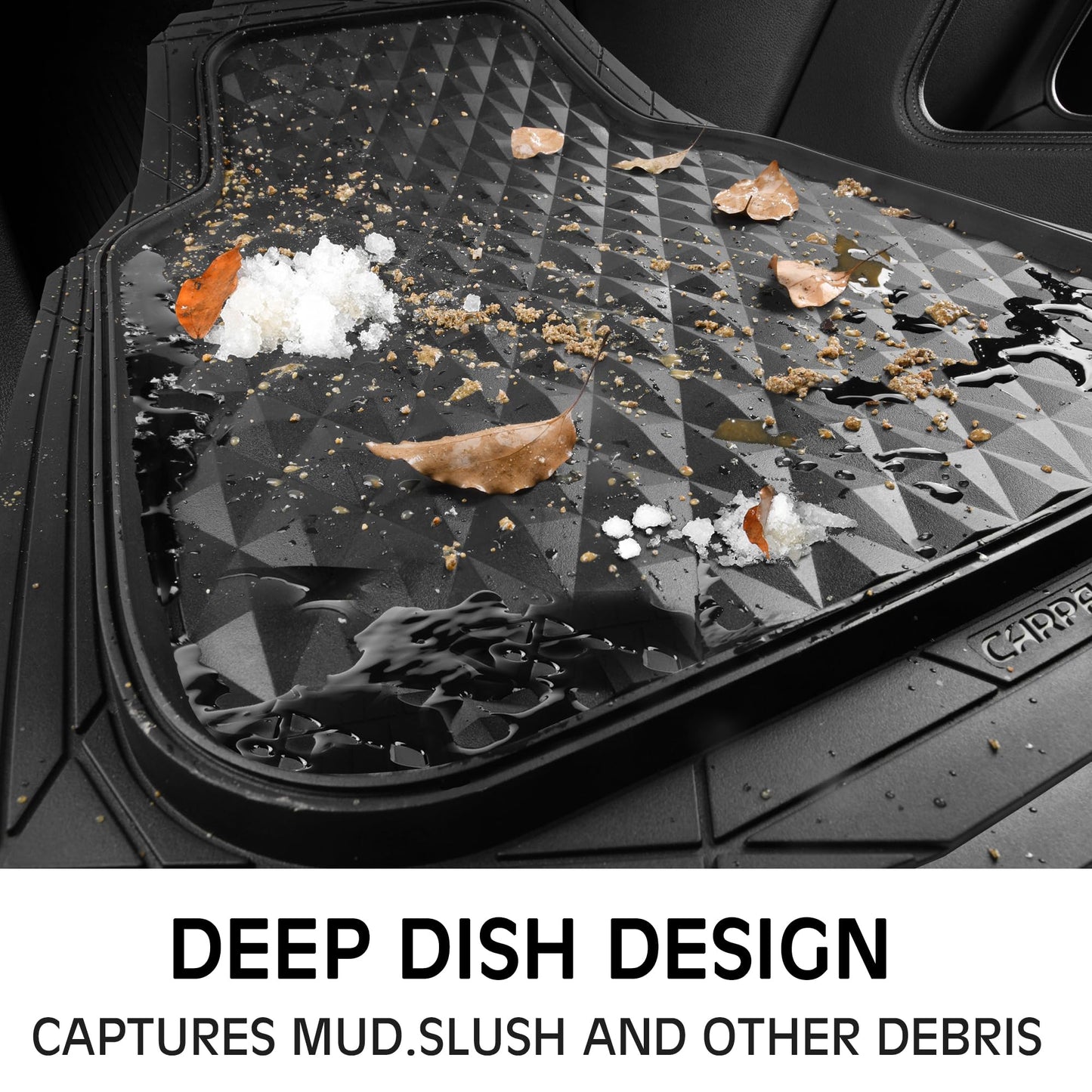 CAR PASS Rubber Car Floor Mats Full Set, Heavy Duty Deep Dish All-Weather Liners, 3D Anti-Slip Rhombus, Waterproof & Trim-to-Fit, Universal Fit for Cars, SUV & Truck, 3-Piece, Black