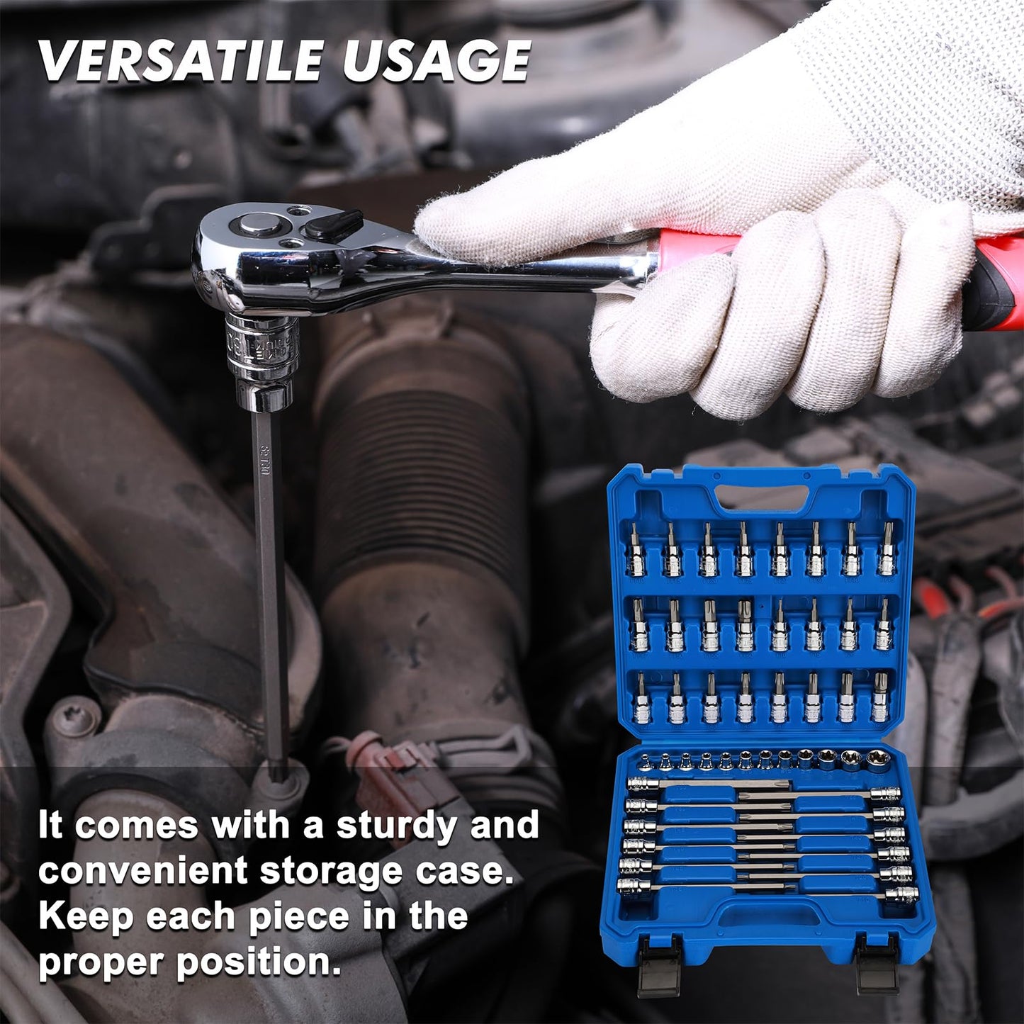 CASOMAN 48-Piece 3/8" Drive Master Torx Bit Socket and External Torx Socket Set, 6-Inch Extra Long, CR-V & S2 Steel