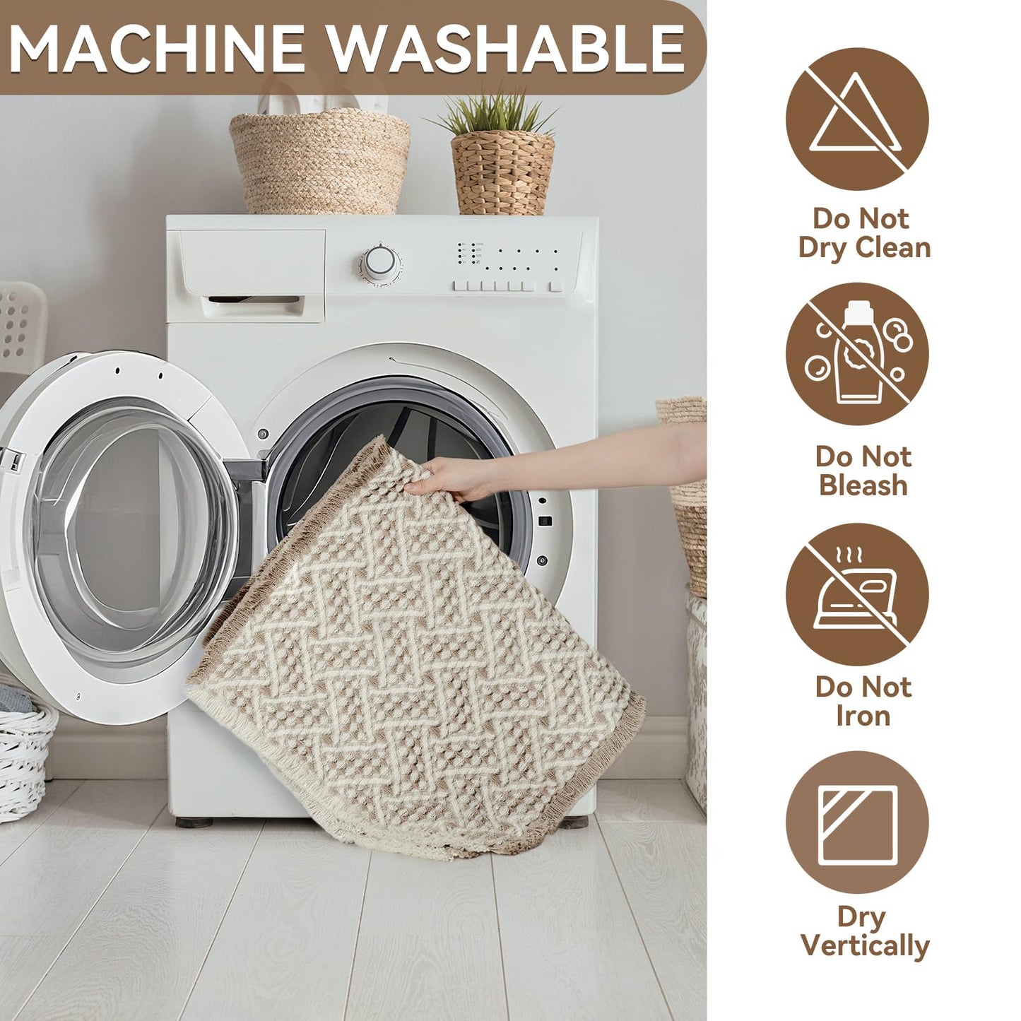 Waffle Bathroom Rugs, Extra Soft and Absorbent Non Slip Bath Mat Washable Boho Bath Rug, Rubber Backed Shower Mat for Bathroom Floor, Bathtub and Shower, 24x36