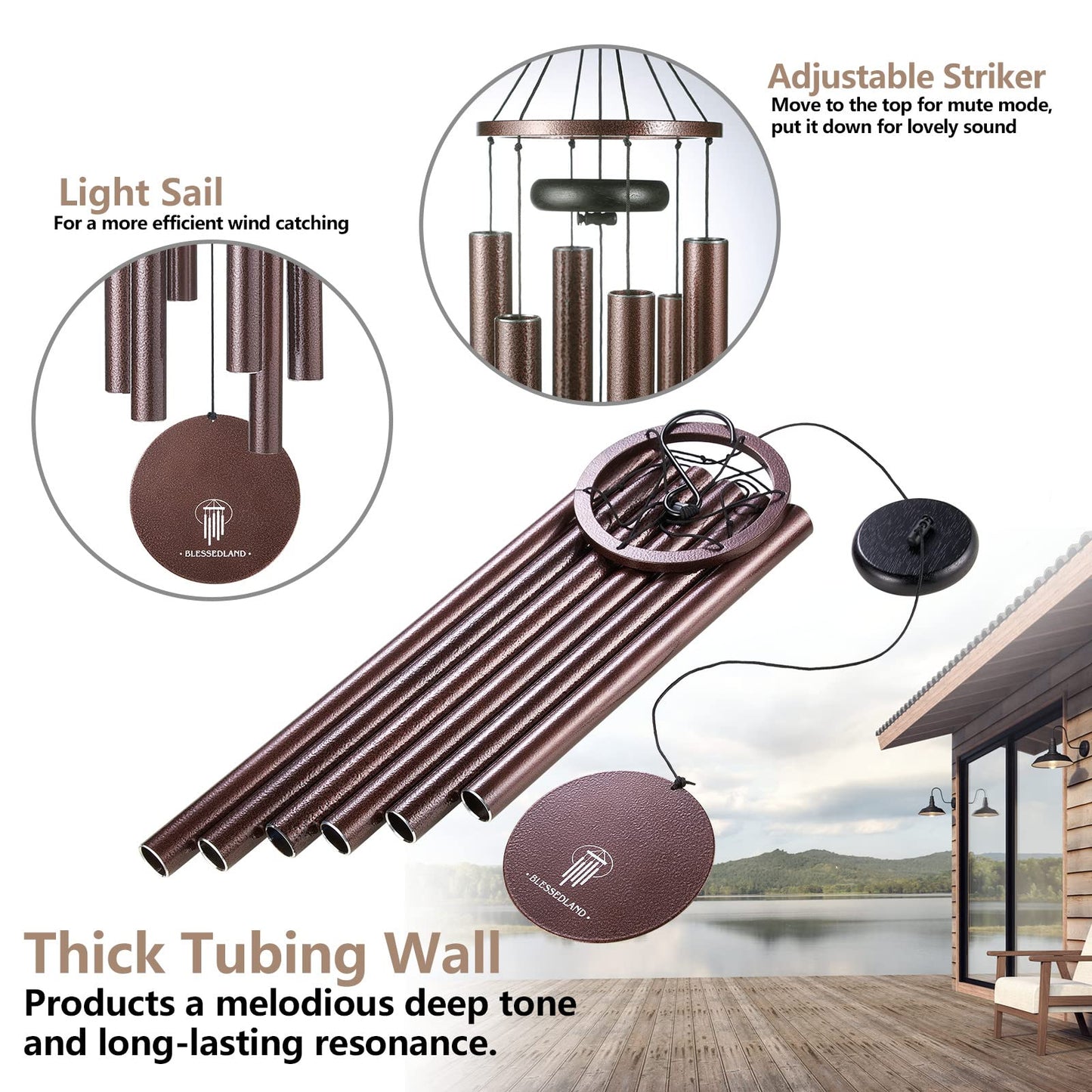 BLESSEDLAND Wind Chimes-Large Deep Tone,41" Wind Chime 6 Aluminum Tubes,Outdoor Decor for Garden,Yard,Patio and Home (Copper Vein)