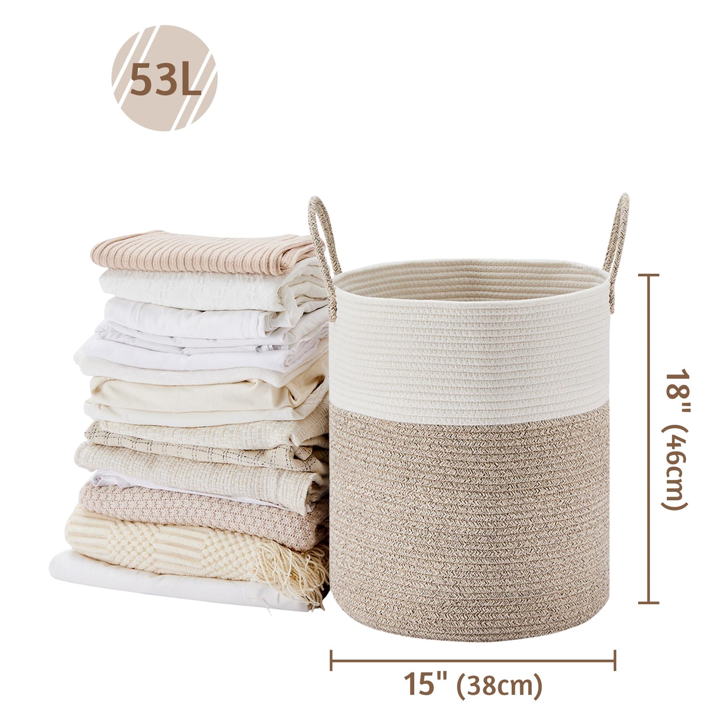 VIPOSCO Large Laundry Hamper, Tall Woven Rope Storage Basket for Blanket, Dirty Clothes in Living Room, Bathroom, Bedroom - 53L White & Brown